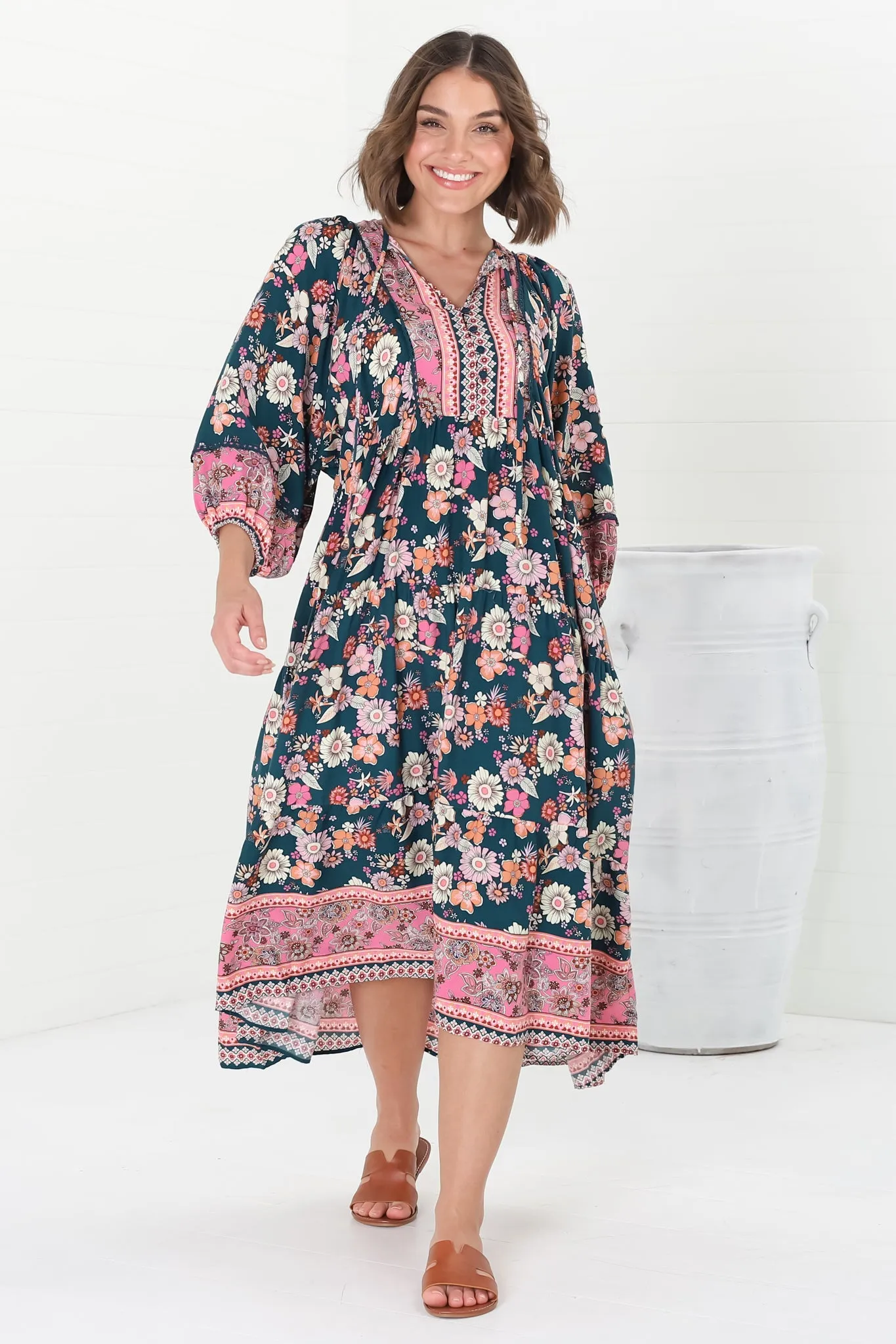 Kamali Midi Dress - Batwing Sleeve Smock Dress with Lace Detailing in Odila Print sold by Salty Crush product image thumbnail 3