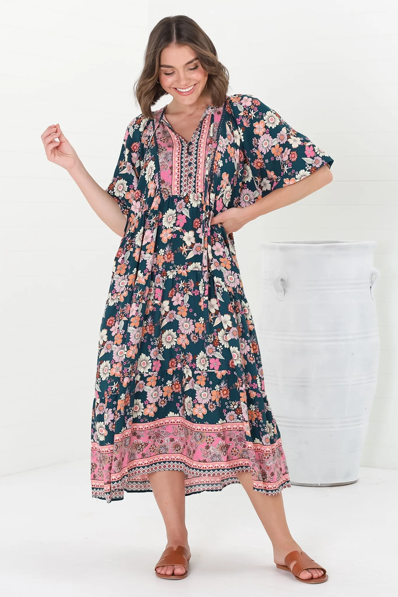Kamali Midi Dress - Batwing Sleeve Smock Dress with Lace Detailing in Odila Print sold by Salty Crush product image thumbnail 2