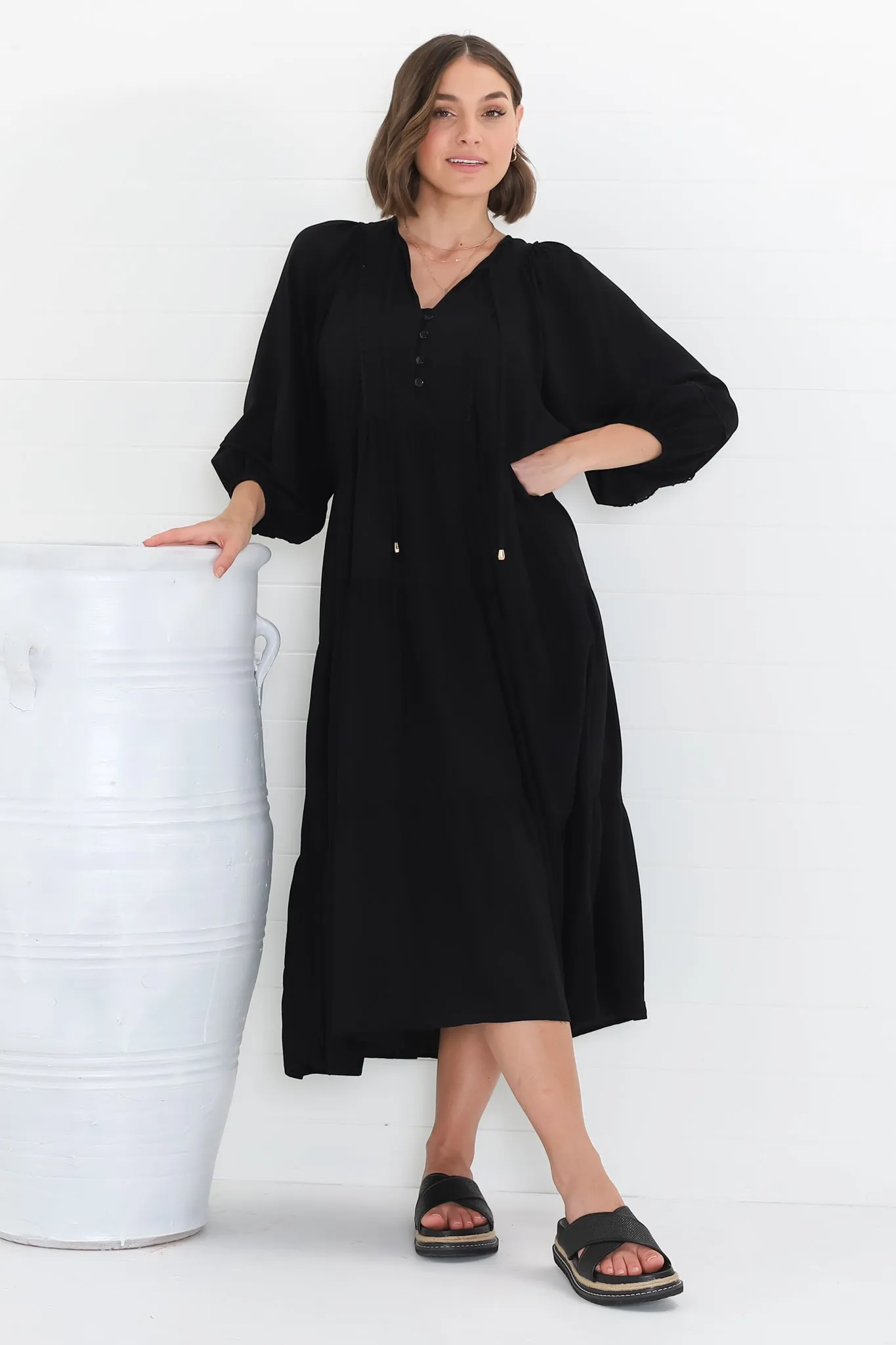 Kamali Midi Dress - Batwing Sleeve Smock Dress with Lace Detailing in Black sold by Salty Crush product image thumbnail 2