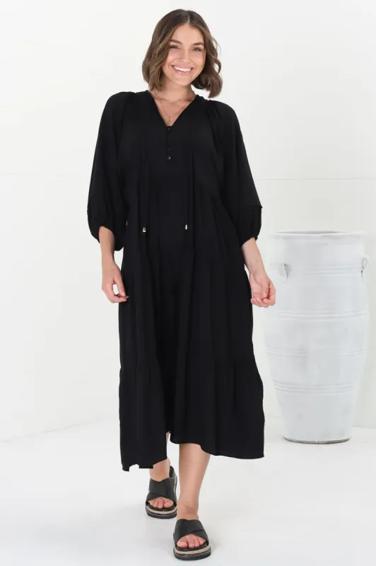 Kamali Midi Dress - Batwing Sleeve Smock Dress with Lace Detailing in Black sold by Salty Crush