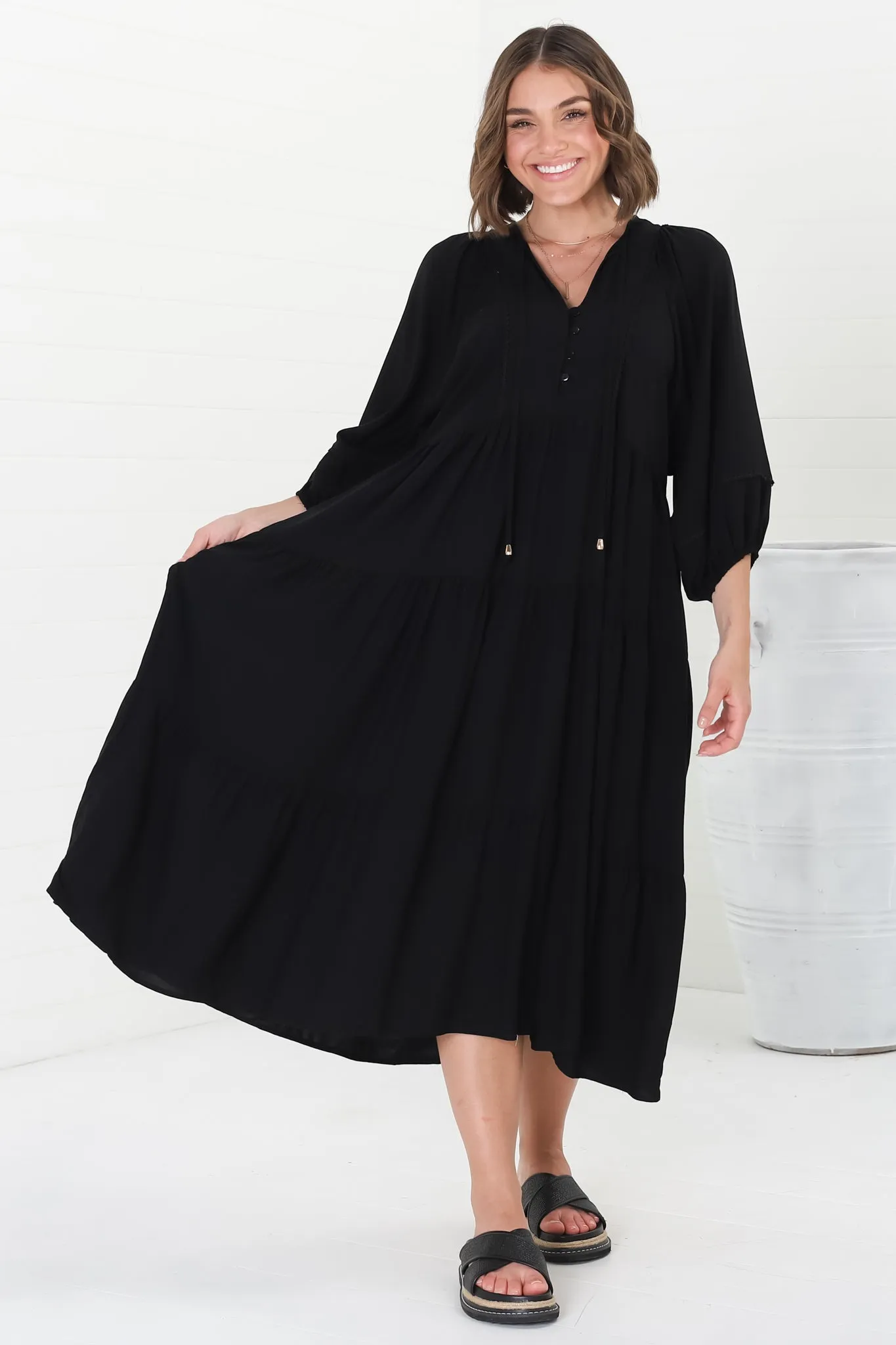 Kamali Midi Dress - Batwing Sleeve Smock Dress with Lace Detailing in Black sold by Salty Crush product image thumbnail 4