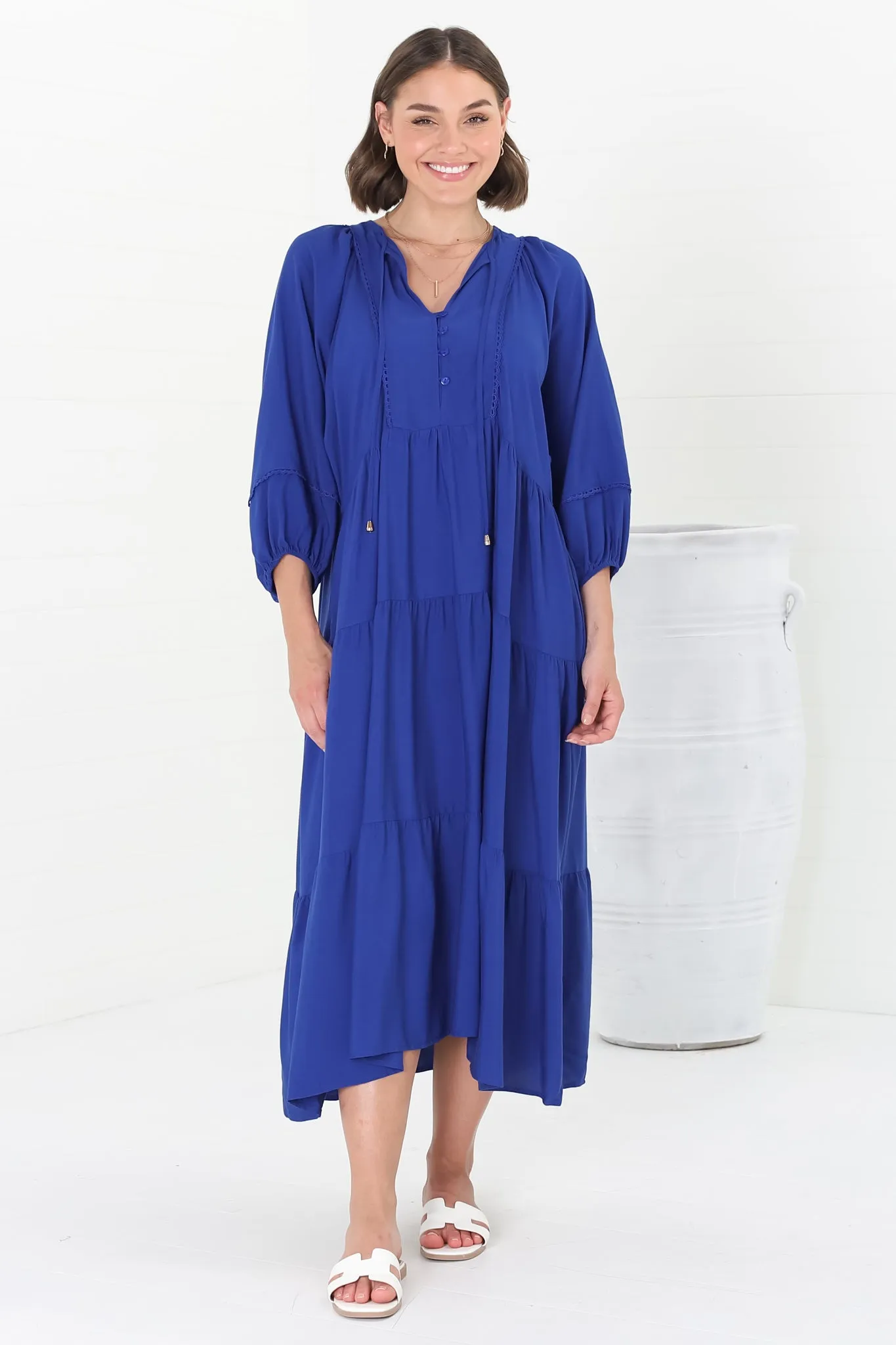 Kamali Midi Dress - Batwing Sleeve Smock Dress with Lace Detailing in Blue sold by Salty Crush product image thumbnail 3