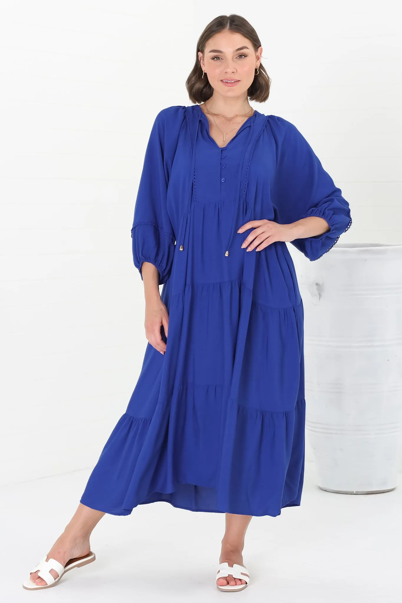 Kamali Midi Dress - Batwing Sleeve Smock Dress with Lace Detailing in Blue sold by Salty Crush product image thumbnail 2