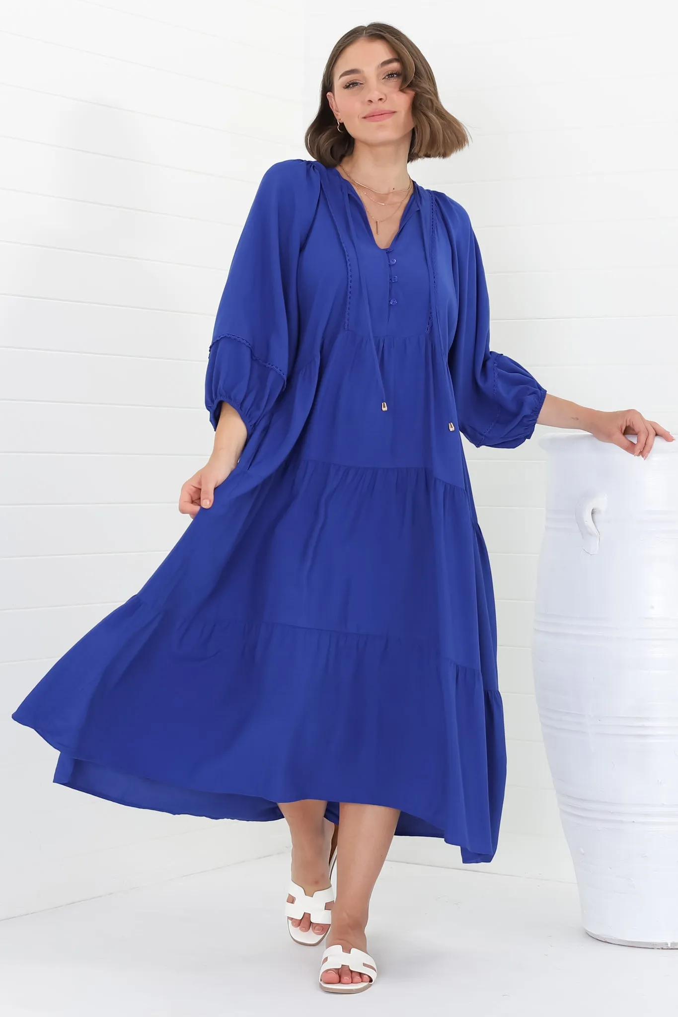 Kamali Midi Dress - Batwing Sleeve Smock Dress with Lace Detailing in Blue sold by Salty Crush product image thumbnail 4