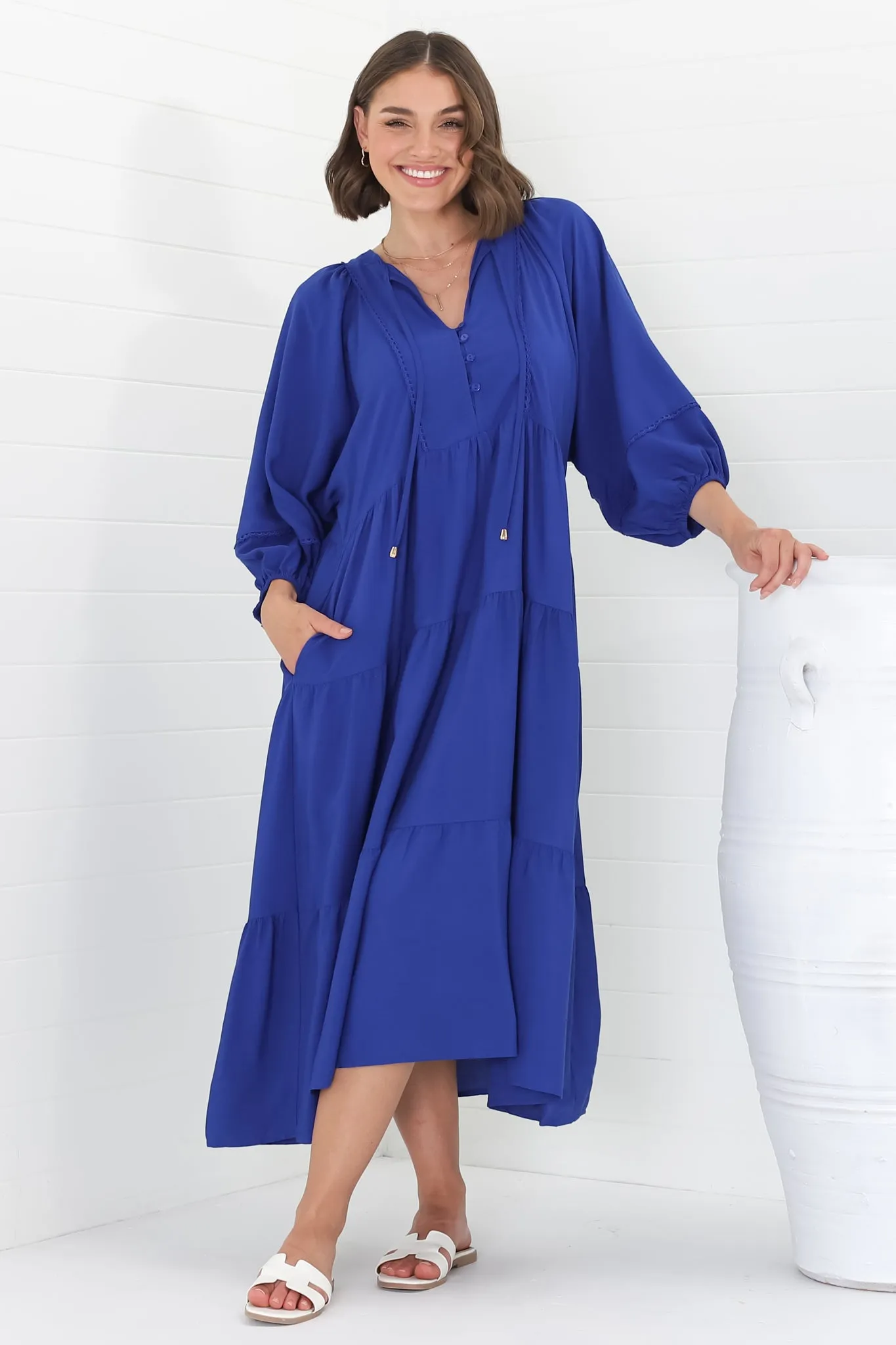 Kamali Midi Dress - Batwing Sleeve Smock Dress with Lace Detailing in Blue sold by Salty Crush