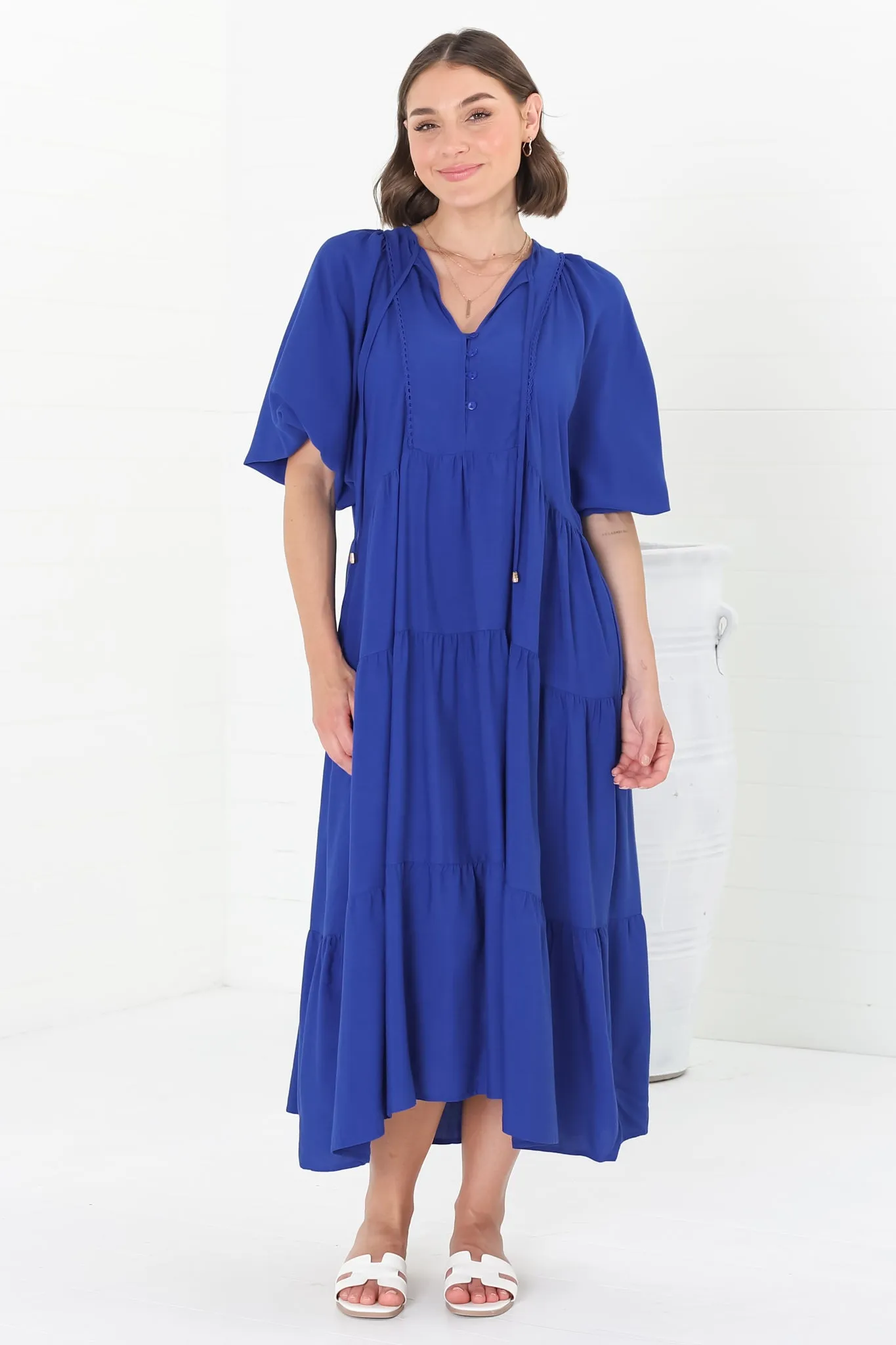 Kamali Midi Dress - Batwing Sleeve Smock Dress with Lace Detailing in Blue sold by Salty Crush product image thumbnail 5