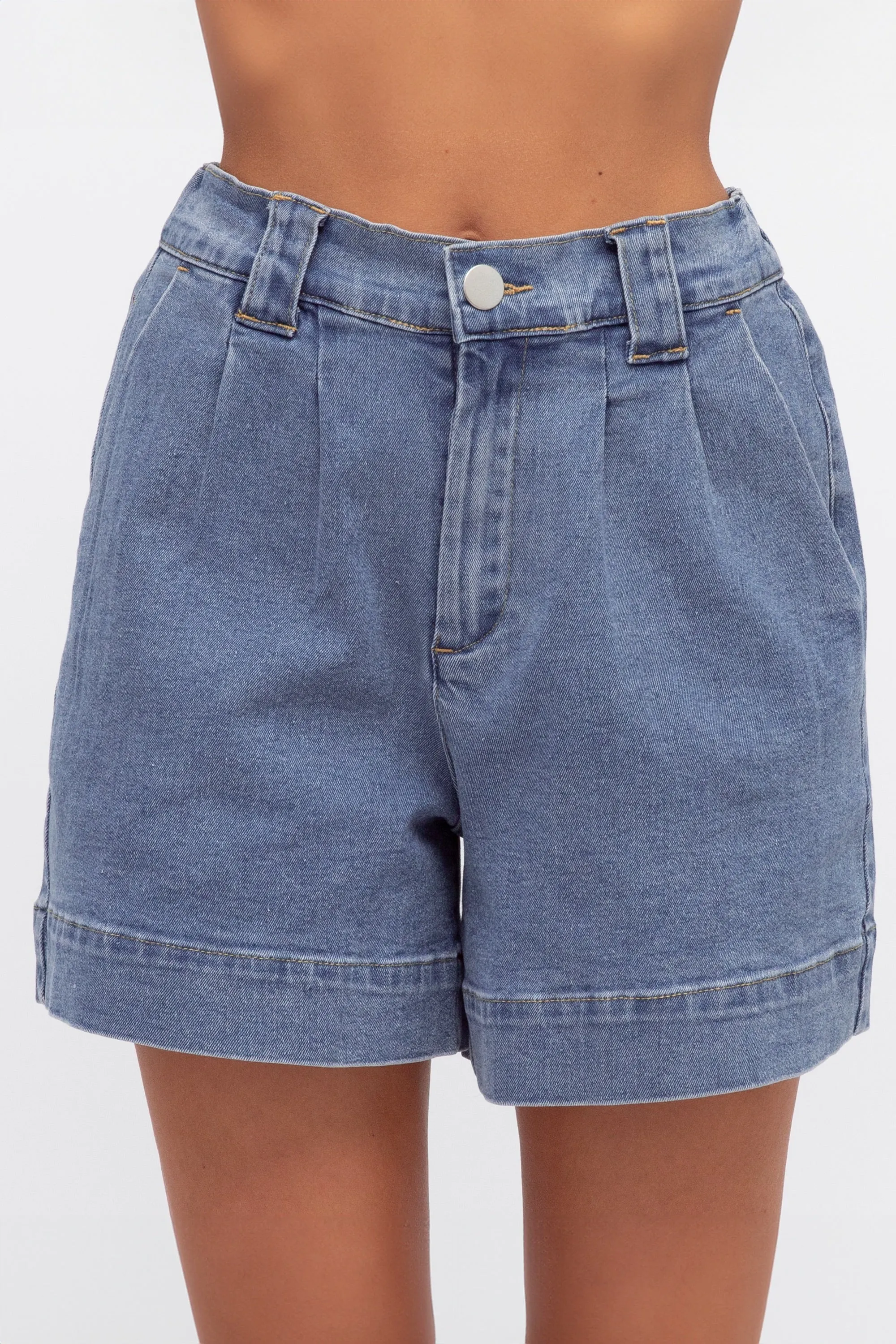 Blaine Denim Shorts - Elasticated High Waisted Boyfriend Shorts in Mid Wash Denim sold by Salty Crush product image thumbnail 2