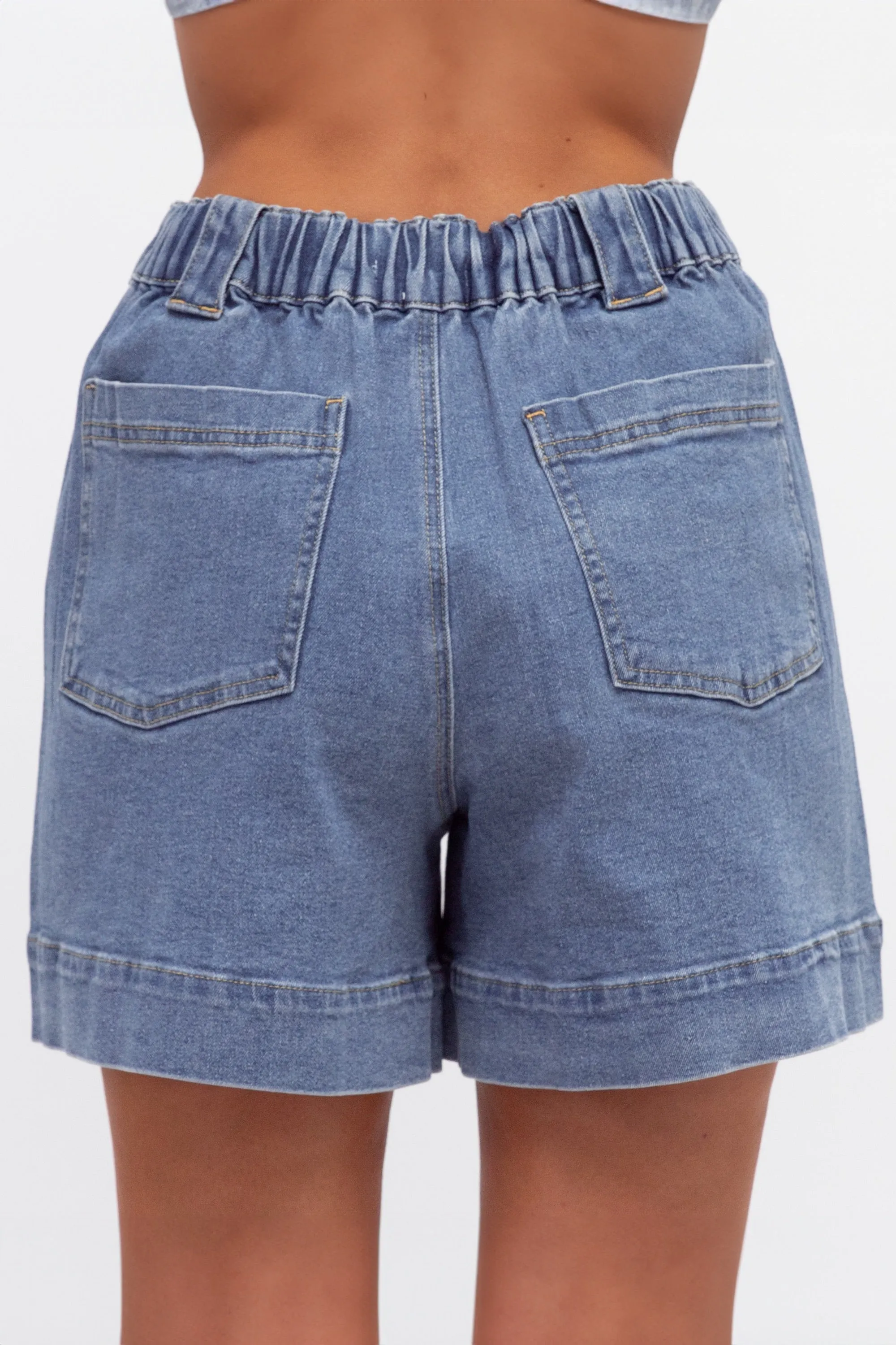 Blaine Denim Shorts - Elasticated High Waisted Boyfriend Shorts in Mid Wash Denim sold by Salty Crush product image thumbnail 4