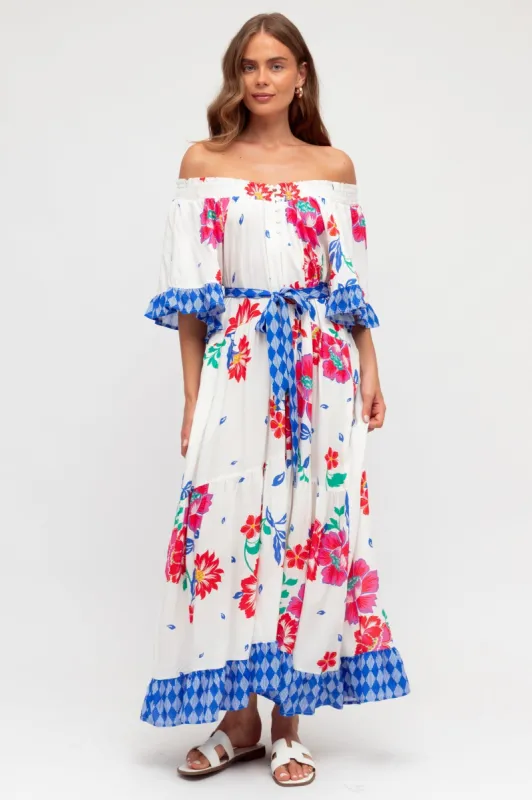 Palma Midi Dress - Off Shoulder Tiered Dress with Bell Sleeves and Belt in Kaimana Print sold by Salty Crush