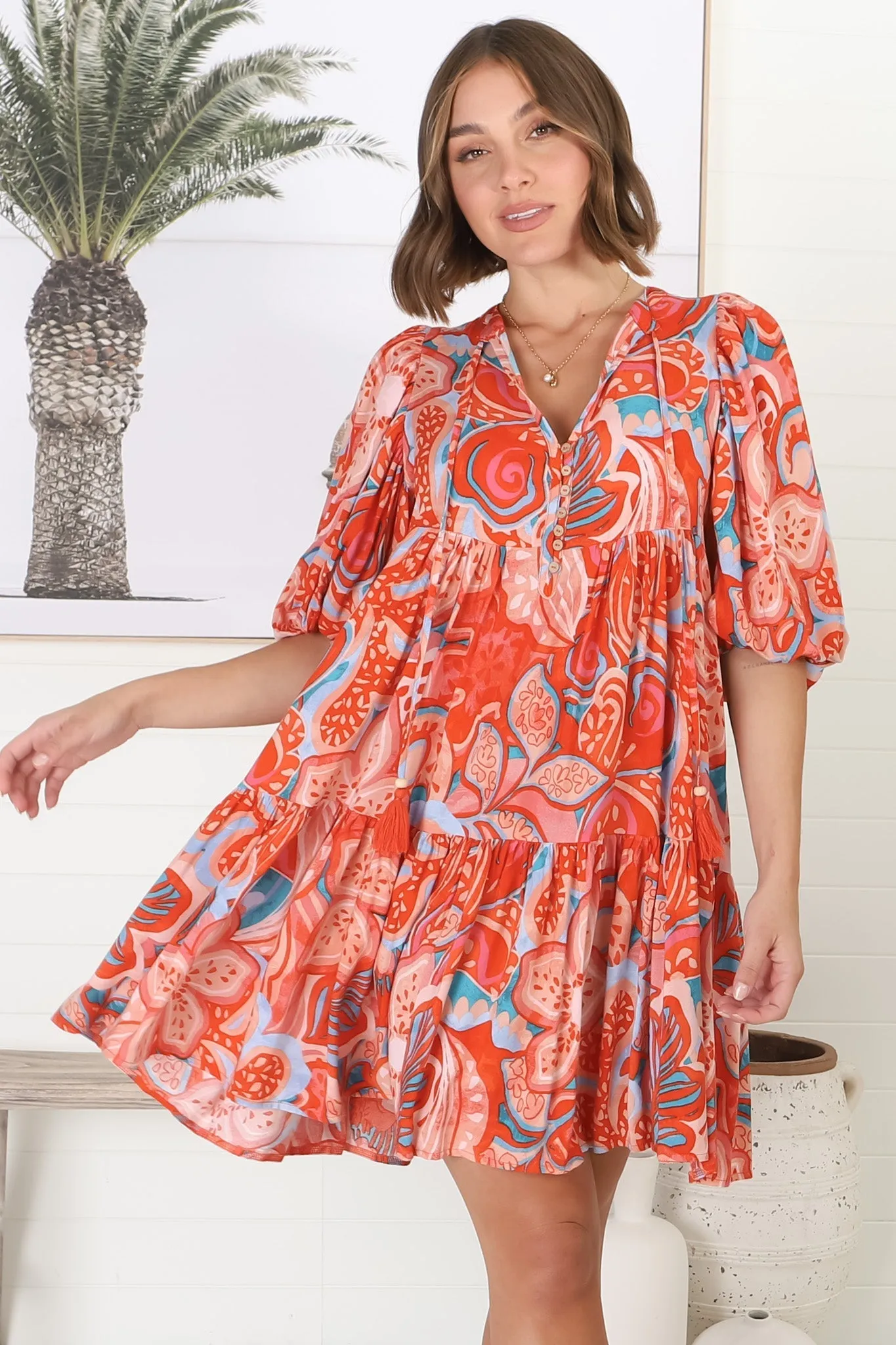 Elkie Mini Dress - Graphic Print Tiered Smock Dress with Balloon Sleeves sold by Salty Crush
