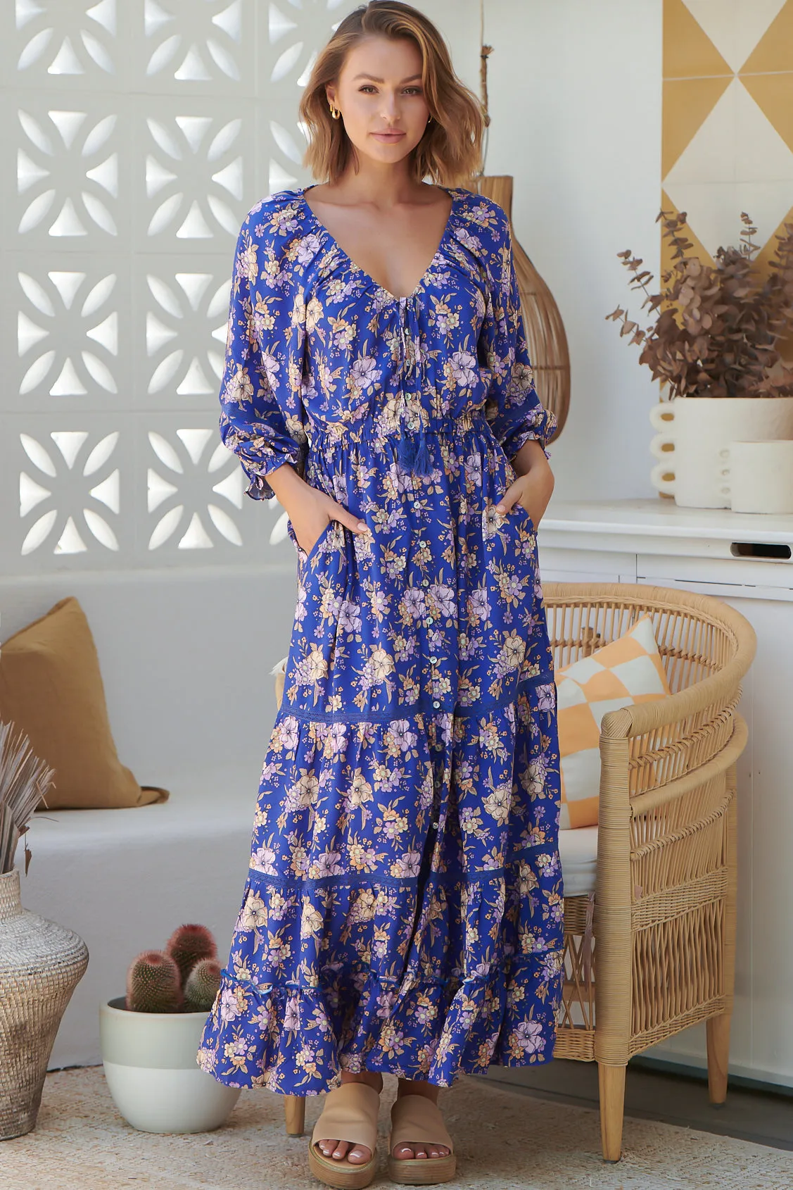 JAASE - Hailee Maxi Dress: V Neckline Dress with Side Pockets in Delfina Print sold by Salty Crush