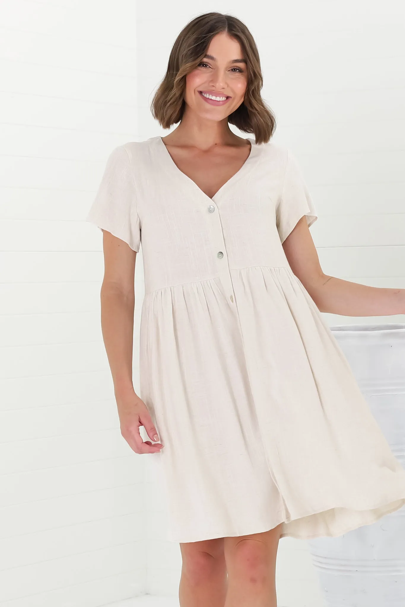 Lucia Mini Dress - V-Neck Button Down Linen Blend Smock Dress in Oat sold by Salty Crush product image thumbnail 5