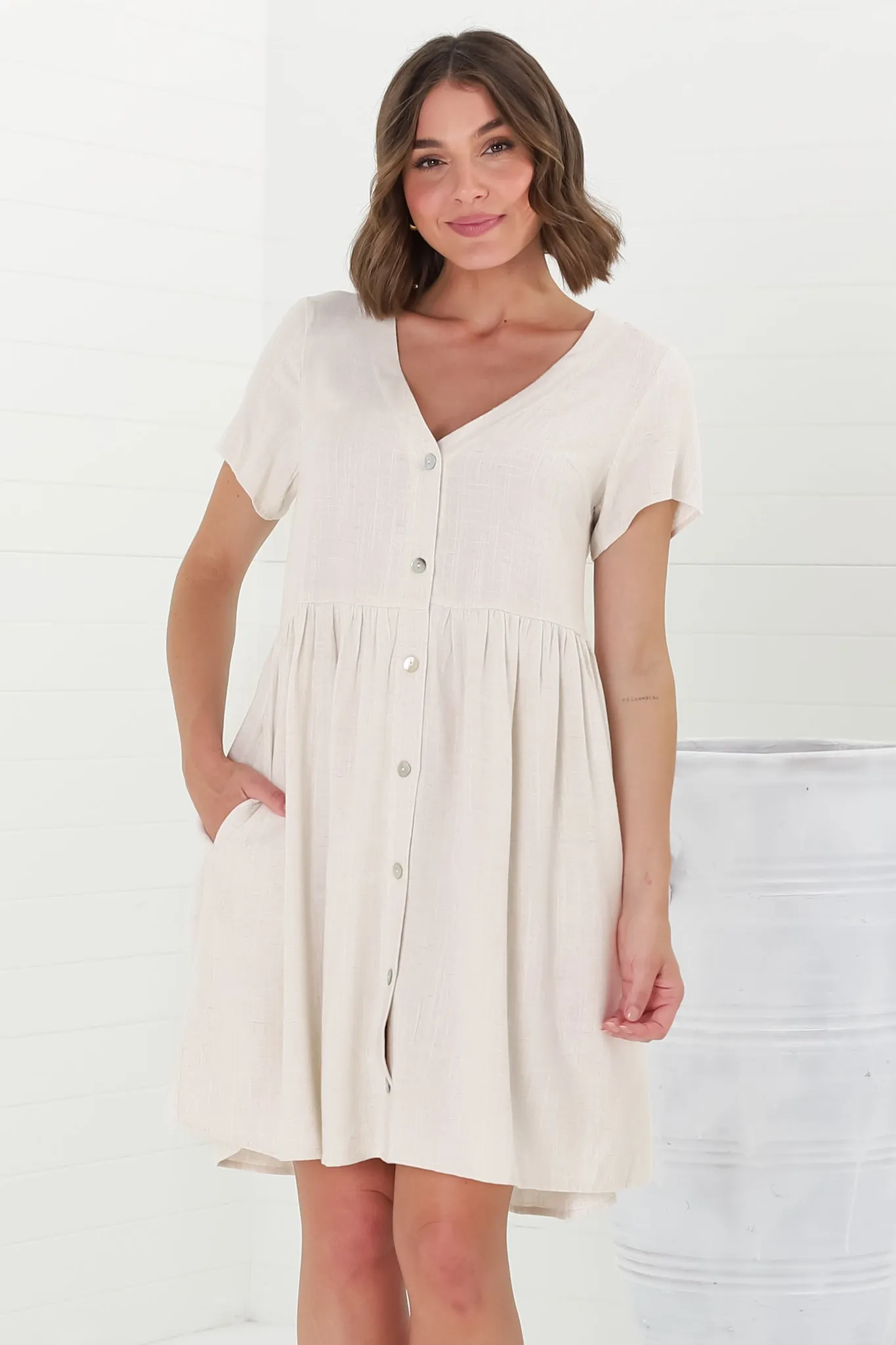 Lucia Mini Dress - V-Neck Button Down Linen Blend Smock Dress in Oat sold by Salty Crush product image thumbnail 4