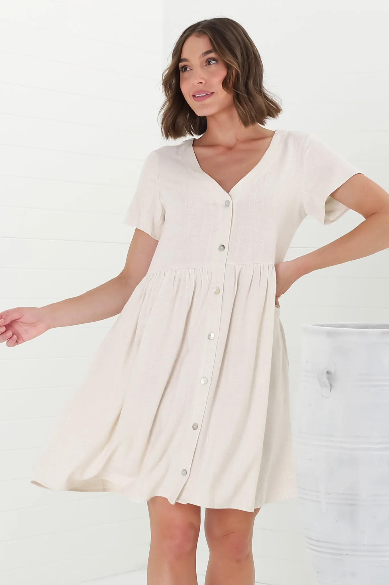 Lucia Mini Dress - V-Neck Button Down Linen Blend Smock Dress in Oat sold by Salty Crush product image thumbnail 3