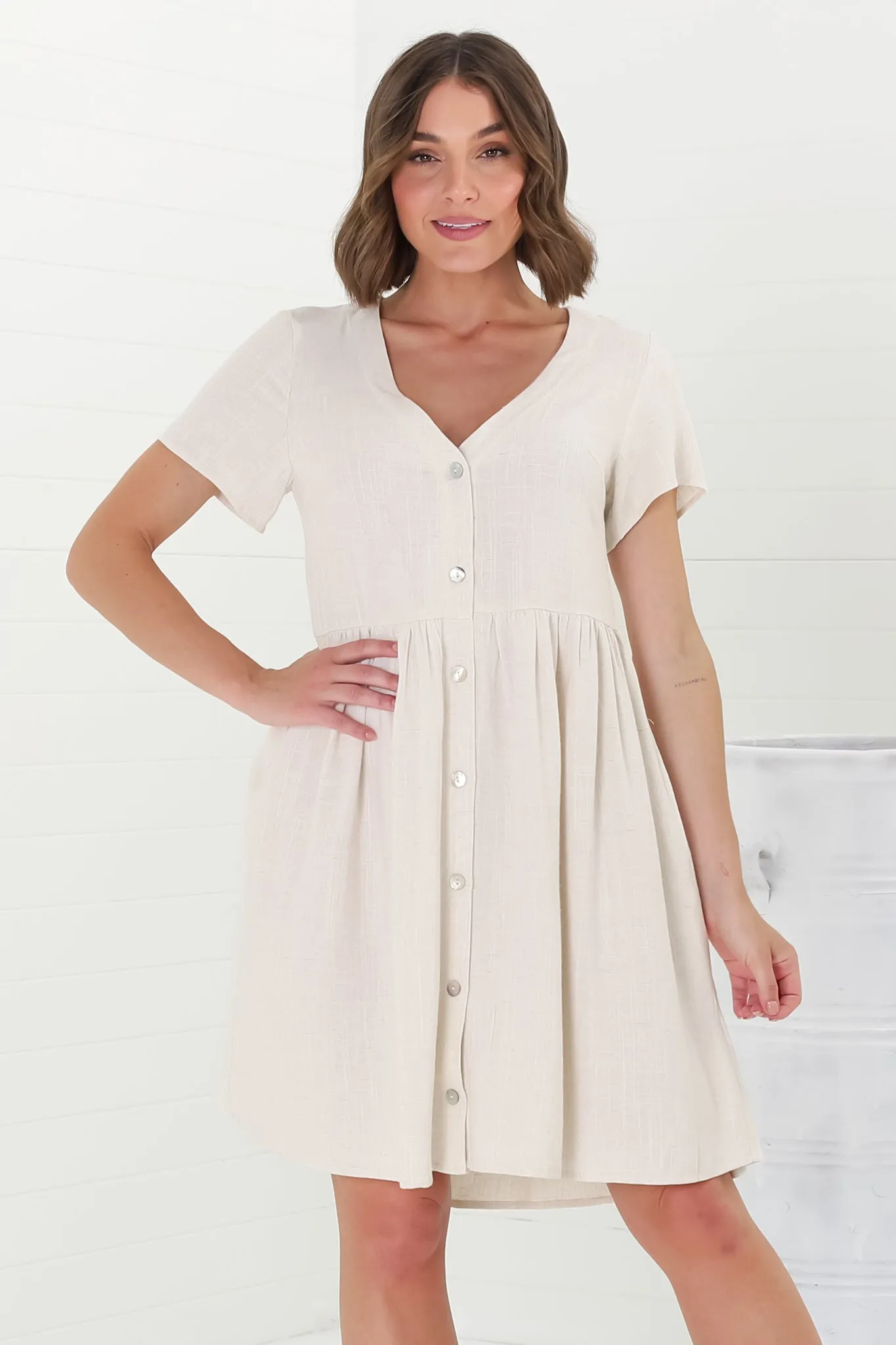 Lucia Mini Dress - V-Neck Button Down Linen Blend Smock Dress in Oat sold by Salty Crush