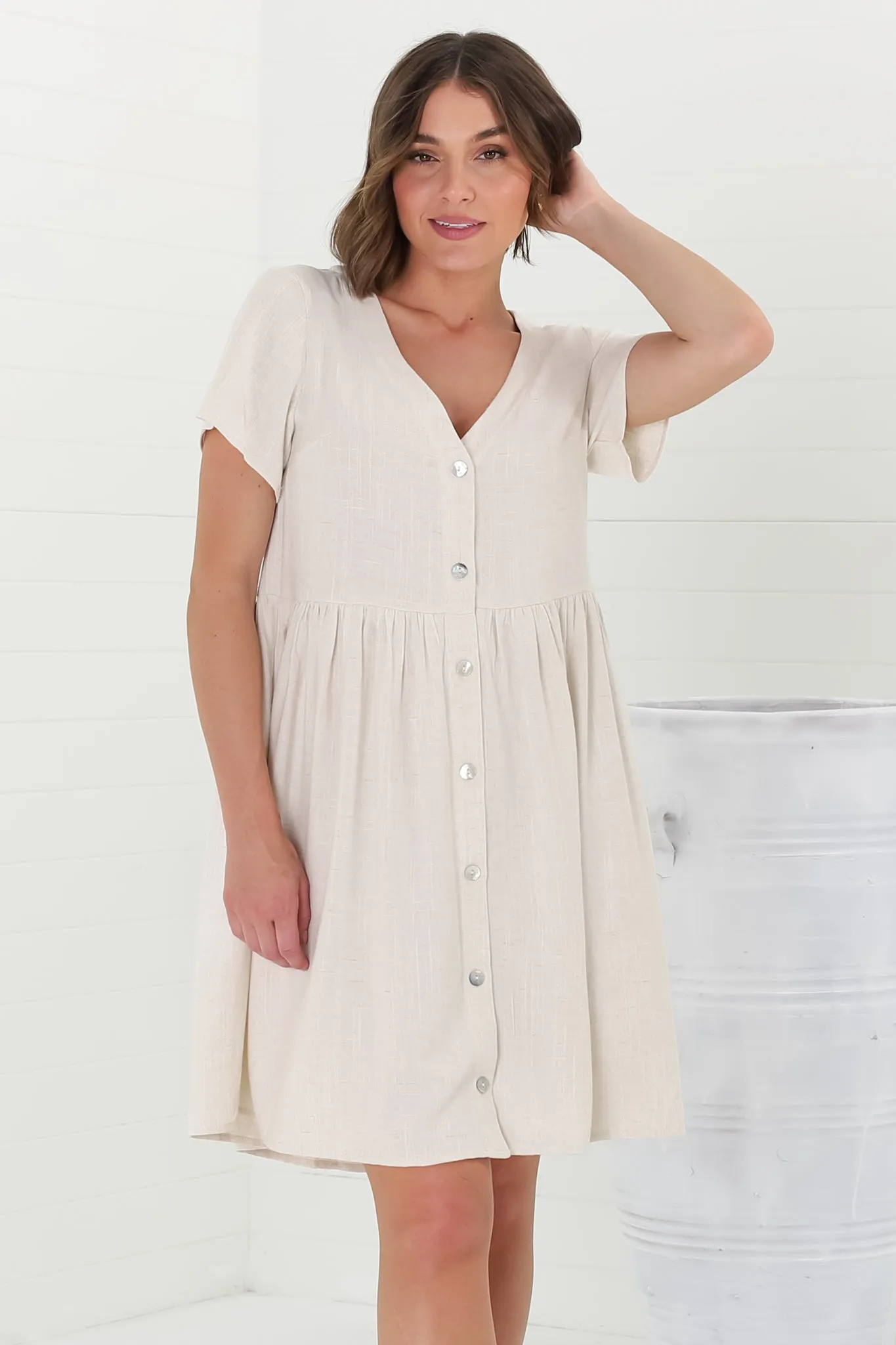 Lucia Mini Dress - V-Neck Button Down Linen Blend Smock Dress in Oat sold by Salty Crush product image thumbnail 2
