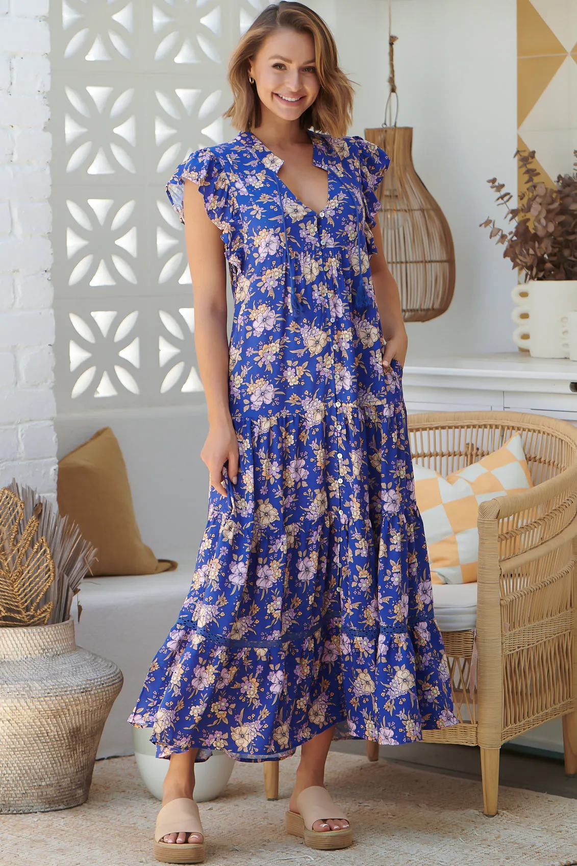 Agnes Maxi Dress - V Neckline with Cap Sleeves Dress in Delfina Print sold by Salty Crush