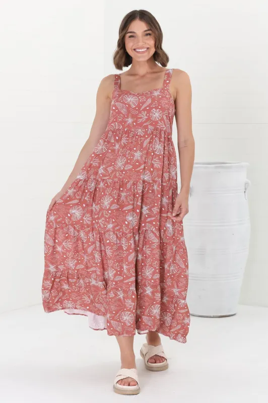 Amabel Maxi Dress - Thick Adjustable Strap Sun Dress in Cove Print Terracotta sold by Salty Crush