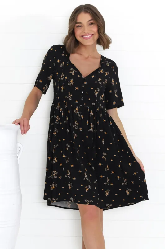 Lavenne Mini Dress - Short Sleeve Smock Dress with Lattice Detailing Melany Print Black sold by Salty Crush