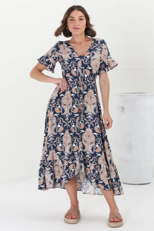 Adelita Midi Dress - Button Down High-Low Dress with Pull Tie Waist in Cavallie Print Navy sold by Salty Crush