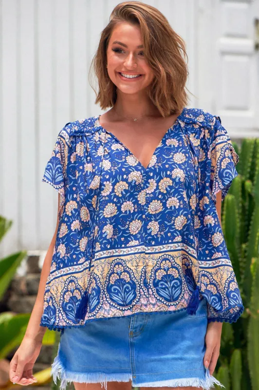 Fisico Top - High V Neck Slouchy Blouse with Crochet Trim Hemline in Camelia Print sold by Salty Crush