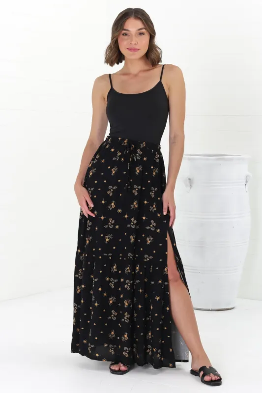 Hellen Maxi Skirt - High Waisted Skirt with Front Splits in Melany Print Black sold by Salty Crush