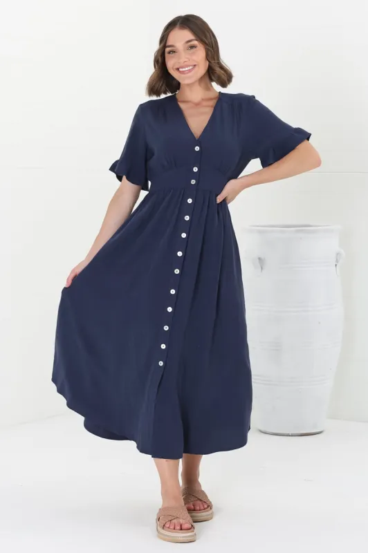 Marisol Midi Dress - V-Neck Linen Blend Button Down Dress in Navy sold by Salty Crush
