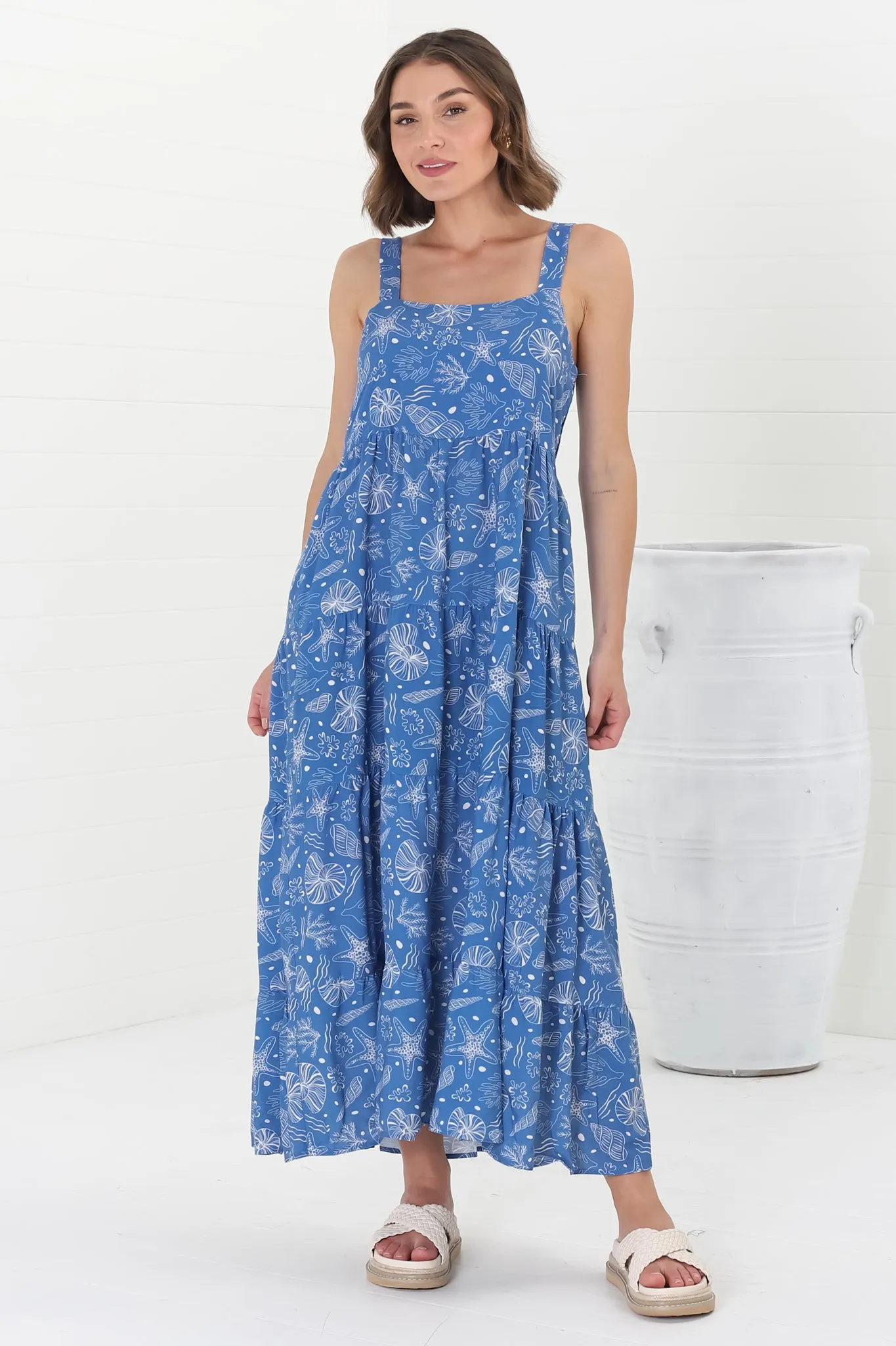 Amabel Maxi Dress - Thick Adjustable Strap Sun Dress in Cove Print Blue sold by Salty Crush product image thumbnail 5