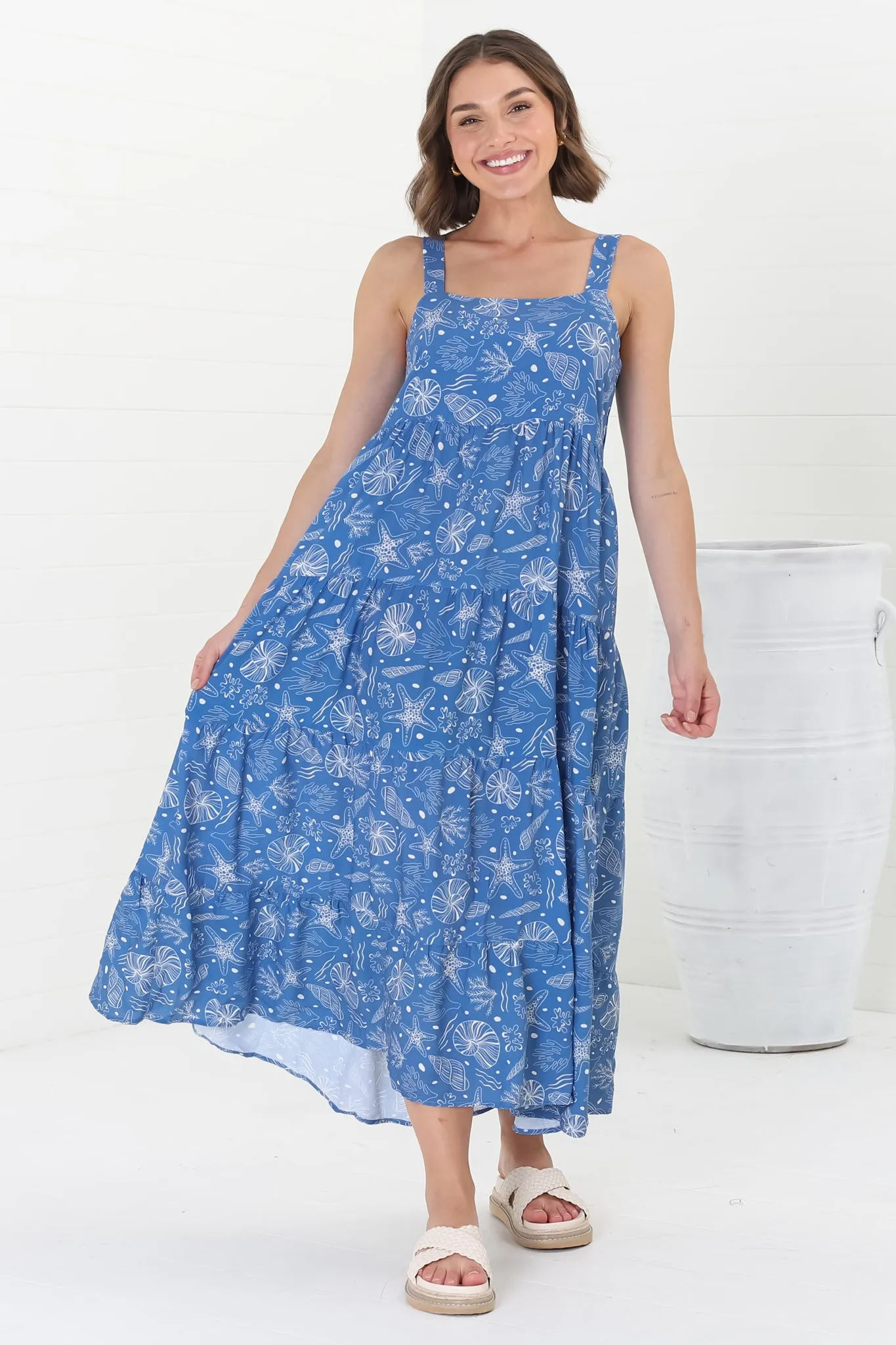 Amabel Maxi Dress - Thick Adjustable Strap Sun Dress in Cove Print Blue sold by Salty Crush product image thumbnail 4