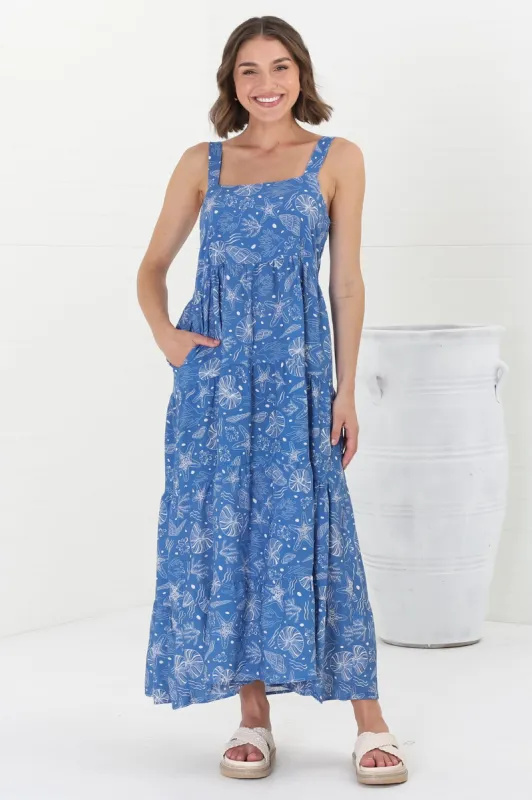 Amabel Maxi Dress - Thick Adjustable Strap Sun Dress in Cove Print Blue sold by Salty Crush