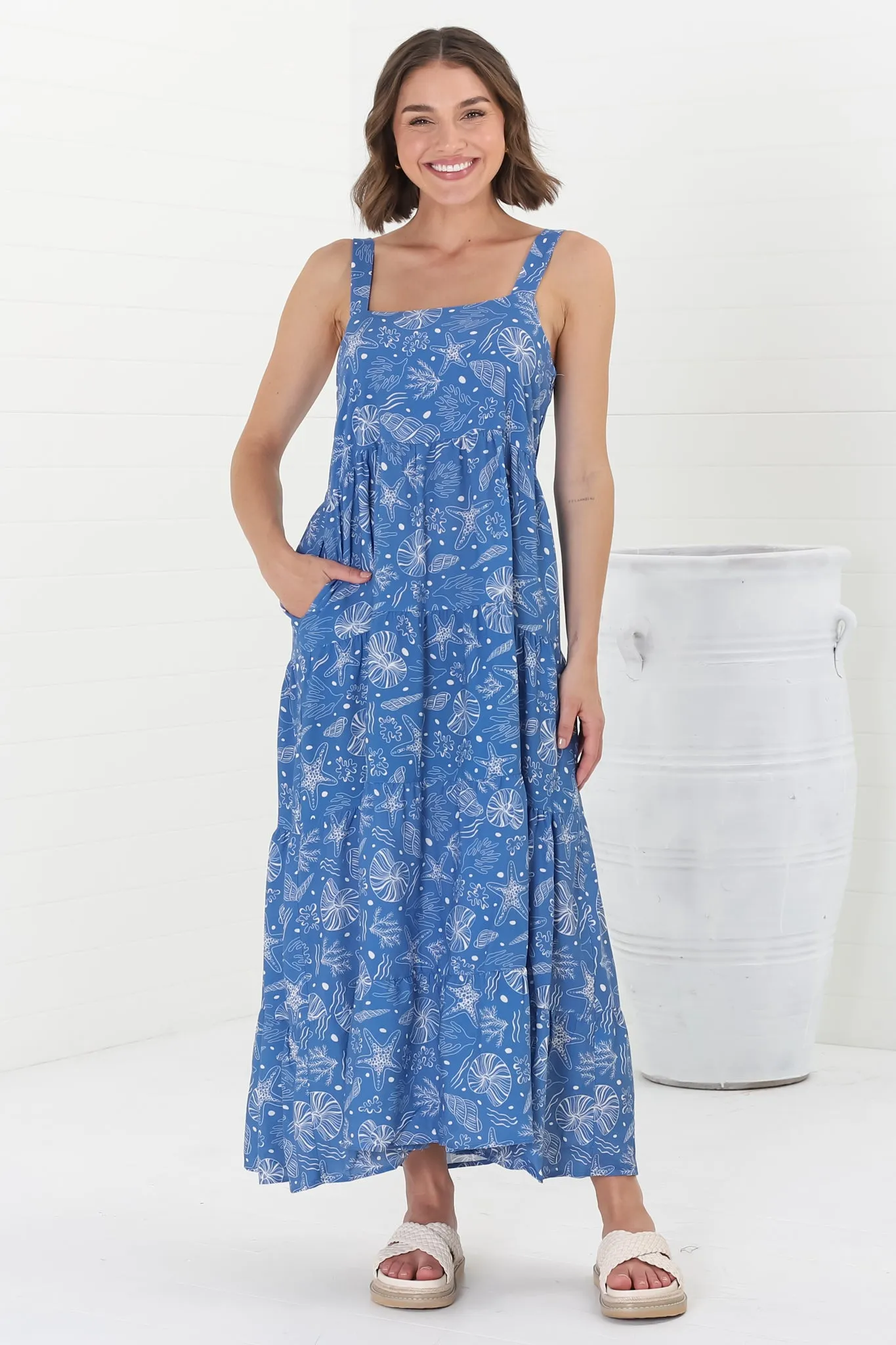 Amabel Maxi Dress - Thick Adjustable Strap Sun Dress in Cove Print Blue sold by Salty Crush
