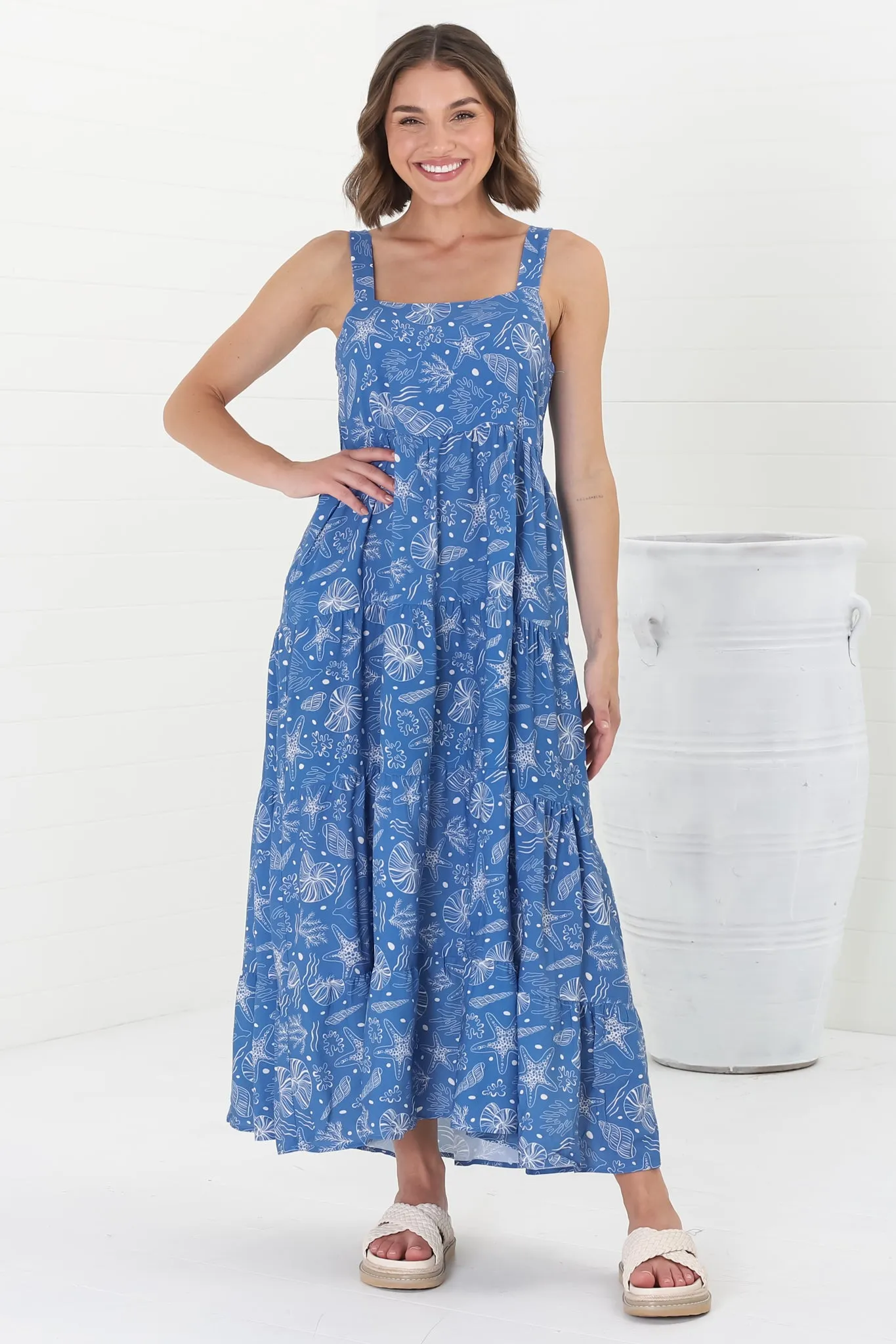 Amabel Maxi Dress - Thick Adjustable Strap Sun Dress in Cove Print Blue sold by Salty Crush product image thumbnail 3
