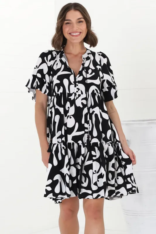 Abilia Mini Dress - Mandarin Collar Smock Dress in Jaxie Print Black sold by Salty Crush