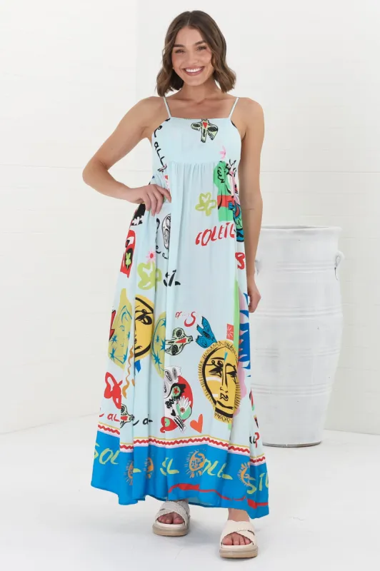 Genie Maxi Dress - Eye Catching Sun Dress with Bow Detail at the Back in Jade Print Blue sold by Salty Crush