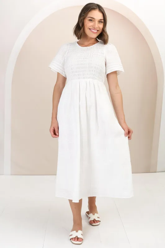 Zoya Midi Dress - Crew Neck Textured A-Line Dress with Short Sleeves in Off White sold by Salty Crush