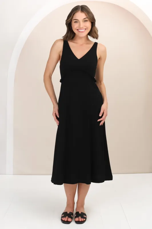 Seraphina Midi Dress - Linen Blend Sun Dress with Rope Detailed Underbust in Black sold by Salty Crush