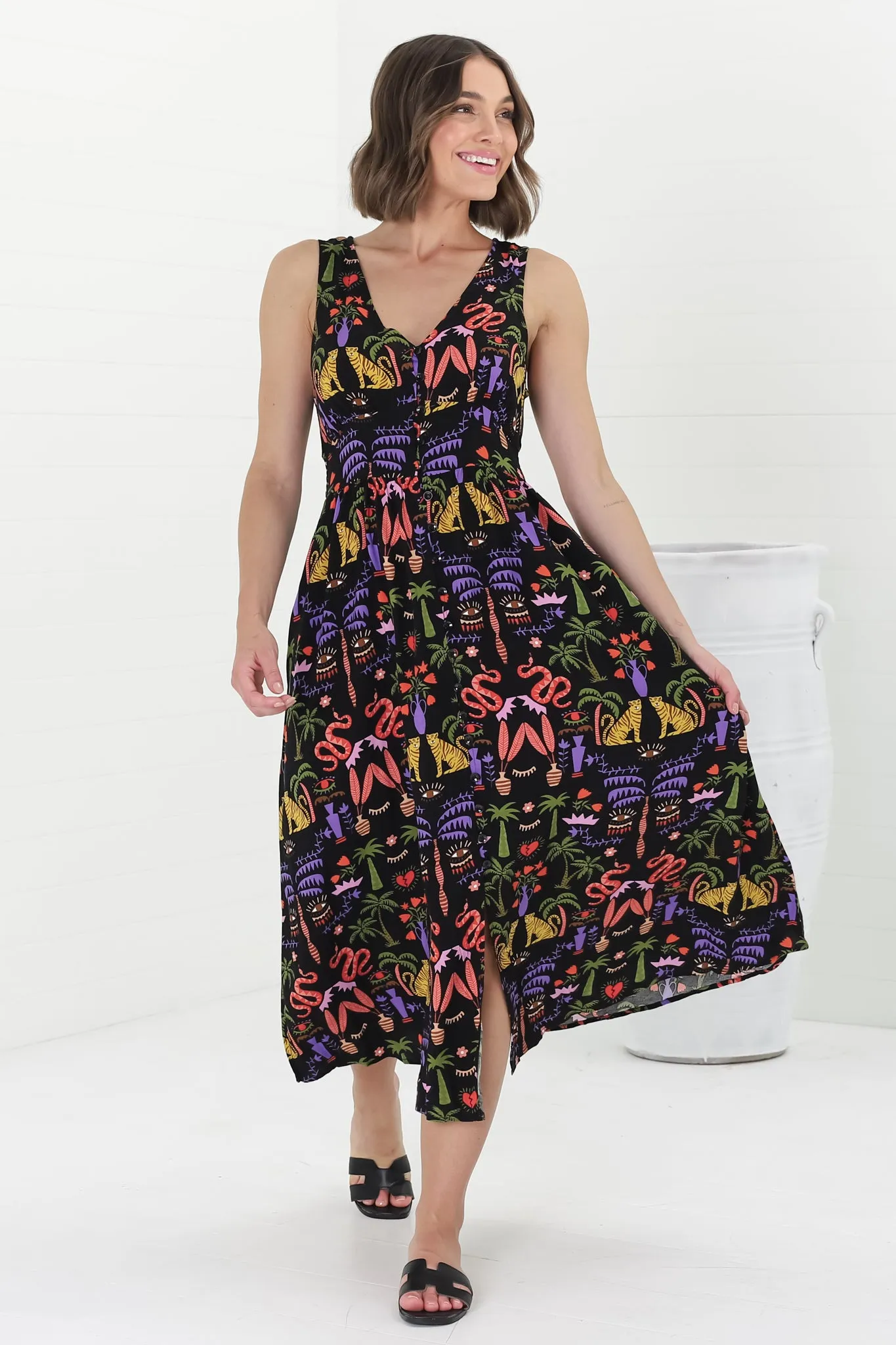 Anaya Midi Dress - V-Neck Button Down Sleeveless Dress in Ayla Print Black sold by Salty Crush product image thumbnail 2