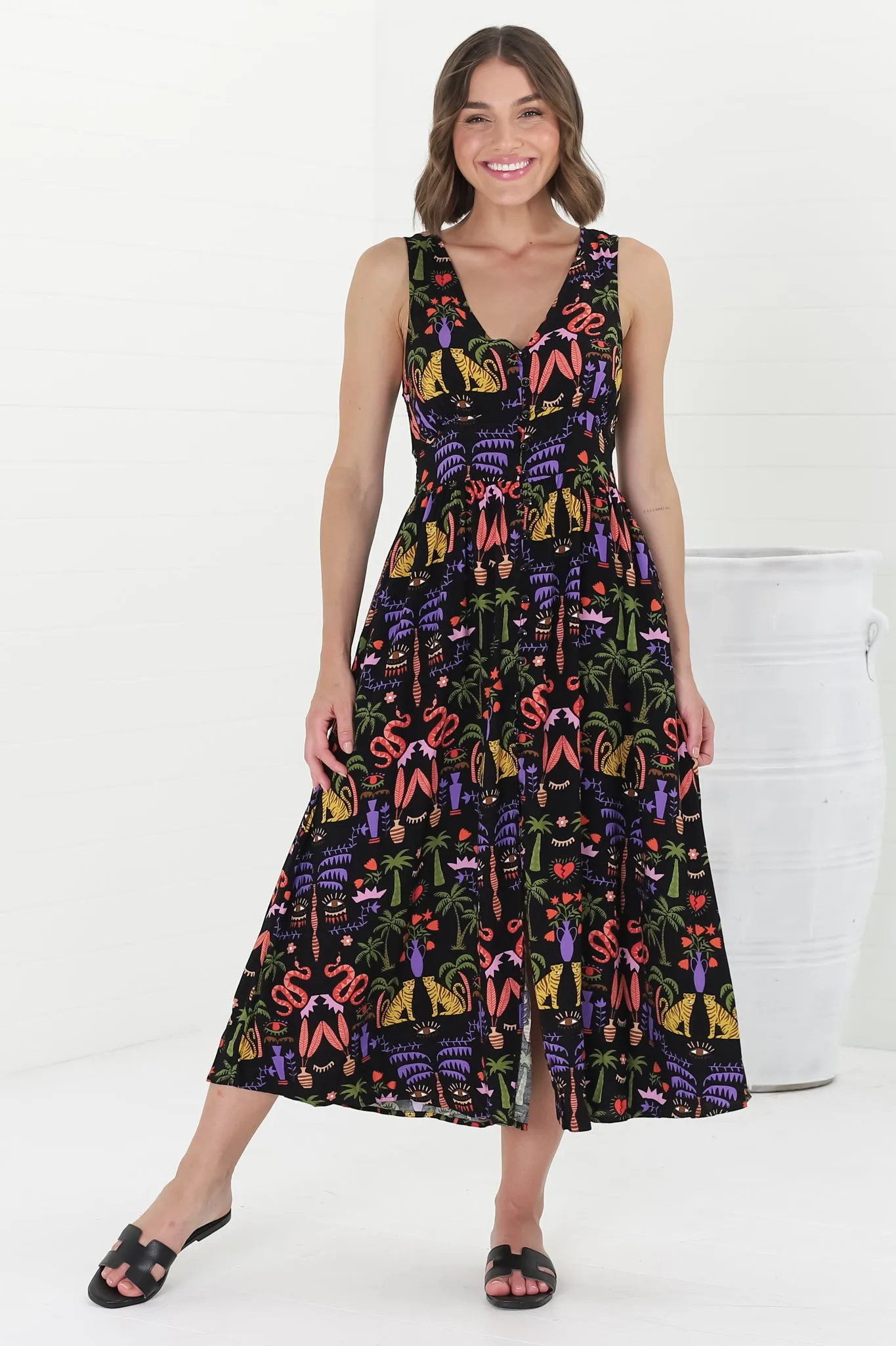 Anaya Midi Dress - V-Neck Button Down Sleeveless Dress in Ayla Print Black sold by Salty Crush product image thumbnail 4