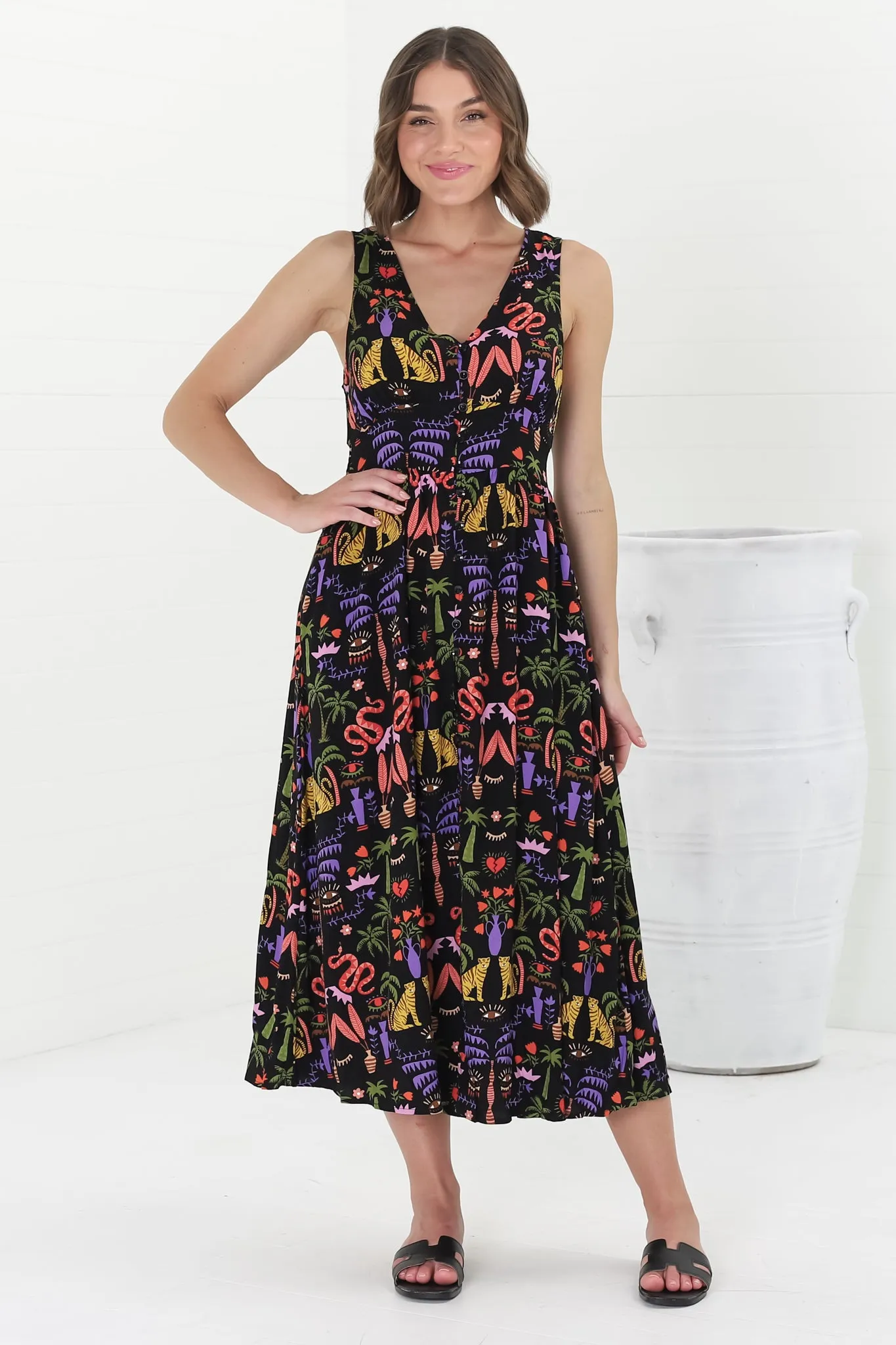 Anaya Midi Dress - V-Neck Button Down Sleeveless Dress in Ayla Print Black sold by Salty Crush