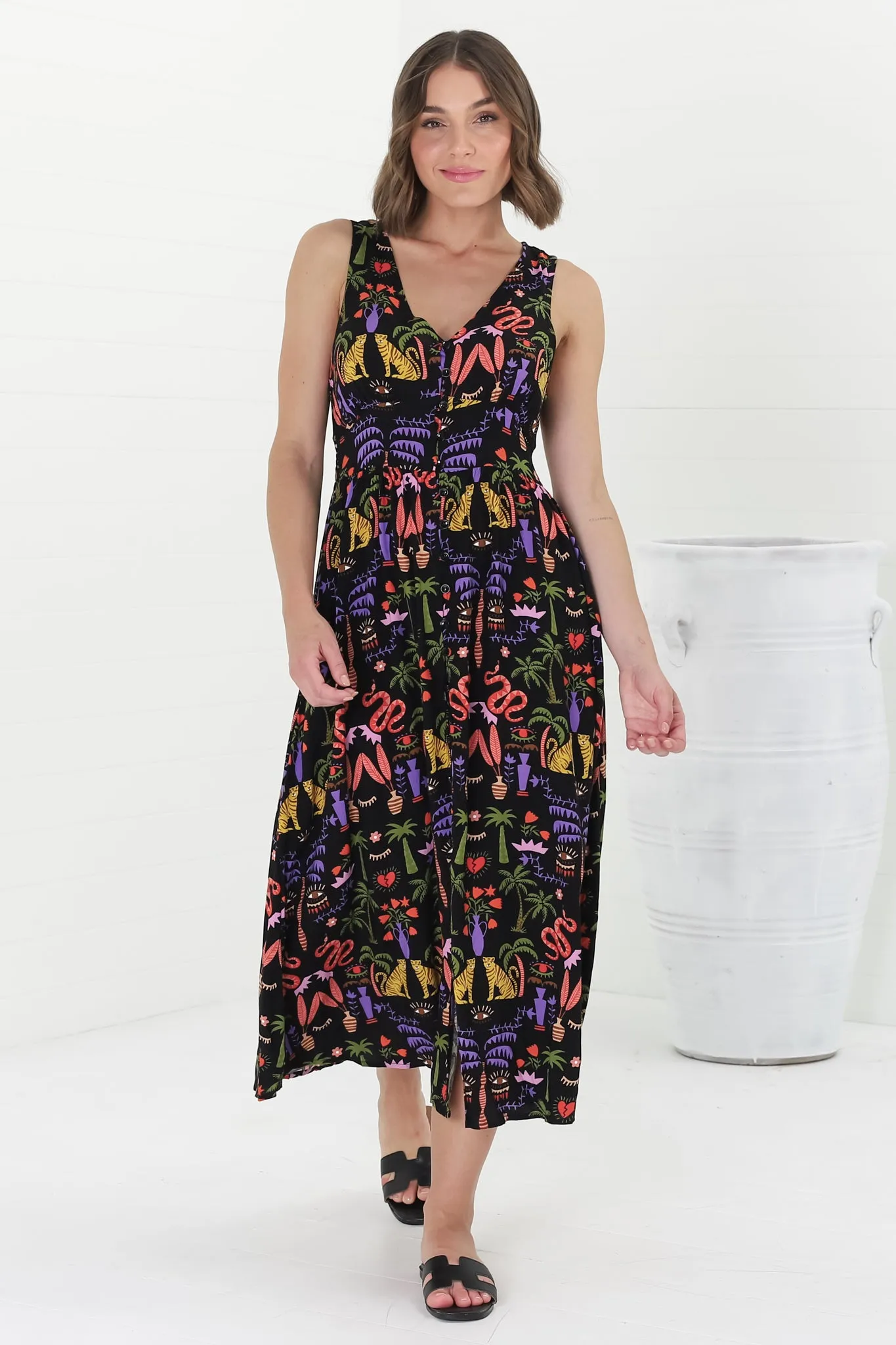 Anaya Midi Dress - V-Neck Button Down Sleeveless Dress in Ayla Print Black sold by Salty Crush product image thumbnail 3