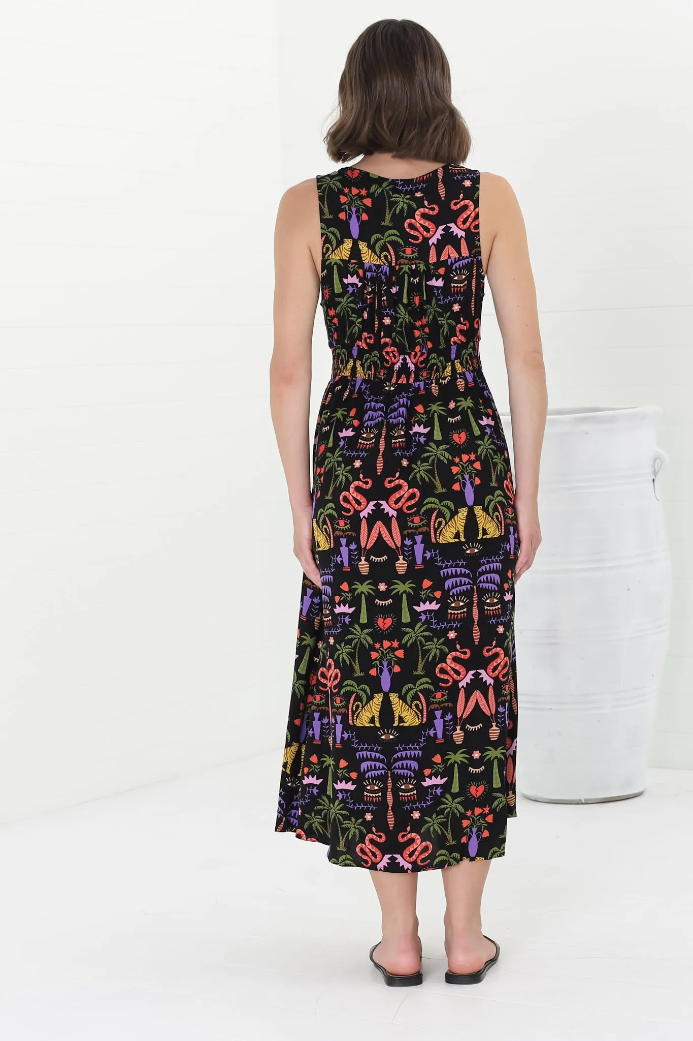Anaya Midi Dress - V-Neck Button Down Sleeveless Dress in Ayla Print Black sold by Salty Crush product image thumbnail 5
