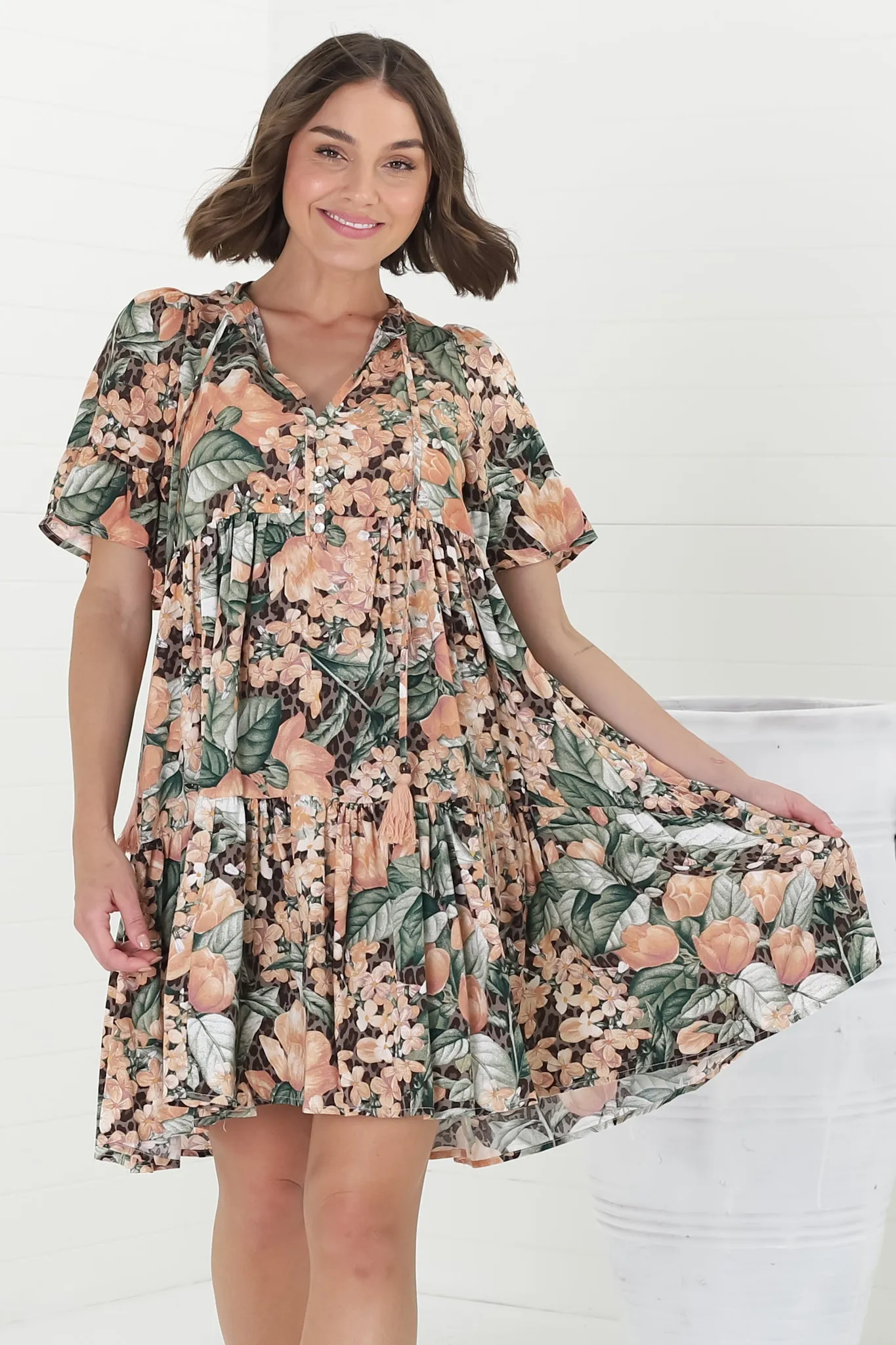 Abilia Mini Dress - Mandarin Collar Smock Dress in Baloo Print sold by Salty Crush