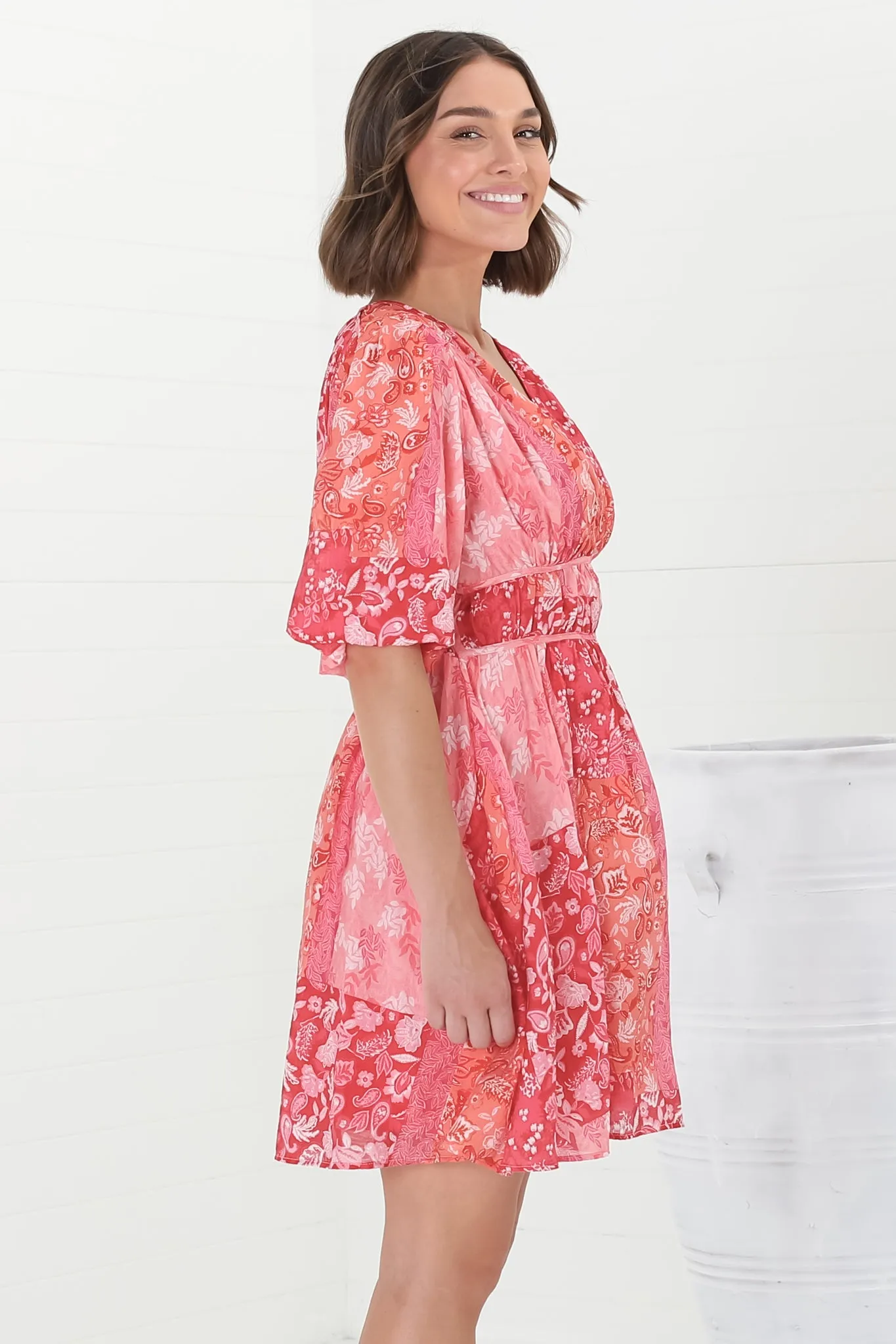 Ester Mini Dress - Cross Front Neckline Gathered Waist A Line Dress in Ita Print Pink sold by Salty Crush product image thumbnail 5