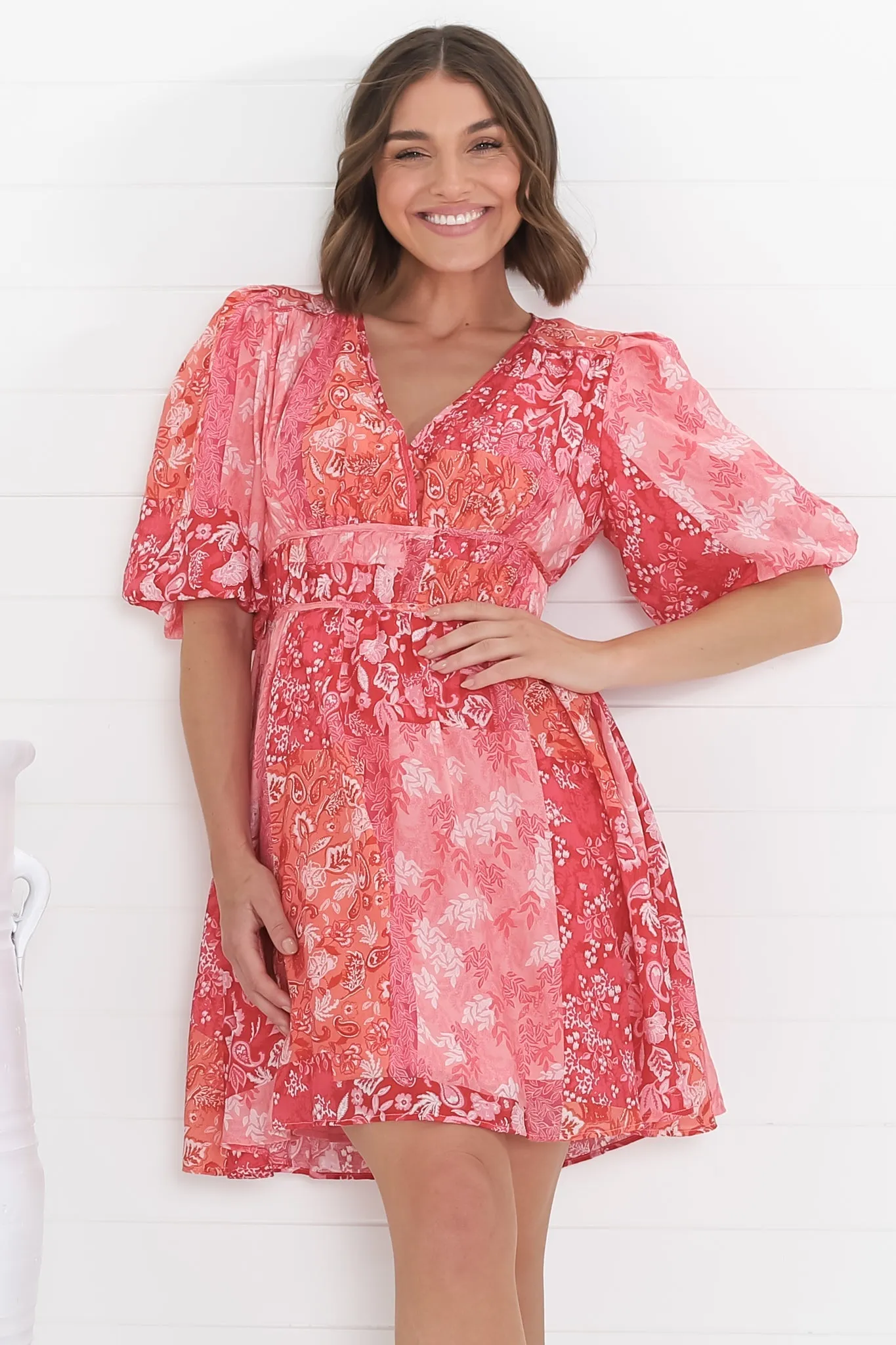 Ester Mini Dress - Cross Front Neckline Gathered Waist A Line Dress in Ita Print Pink sold by Salty Crush