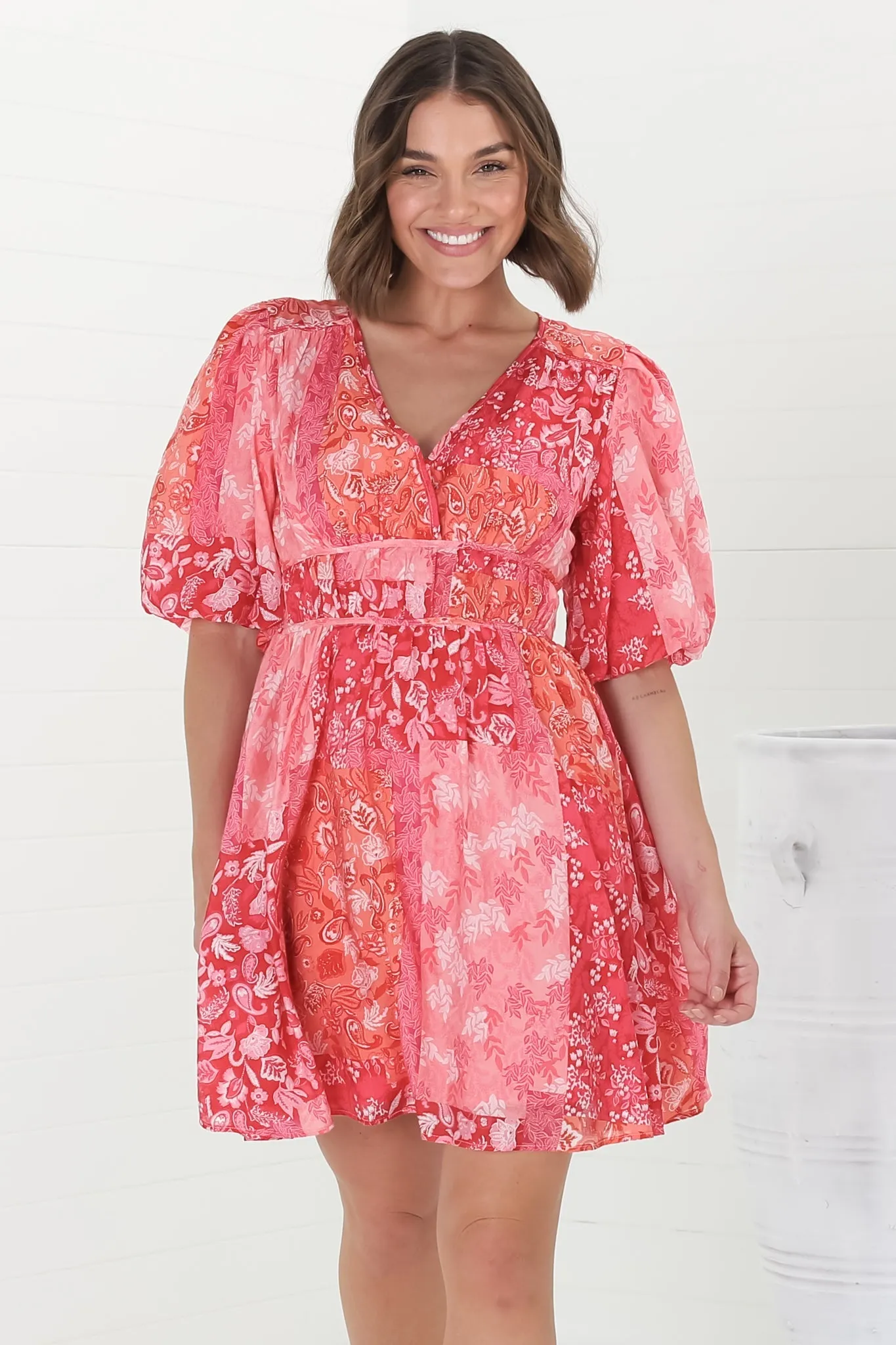Ester Mini Dress - Cross Front Neckline Gathered Waist A Line Dress in Ita Print Pink sold by Salty Crush product image thumbnail 3