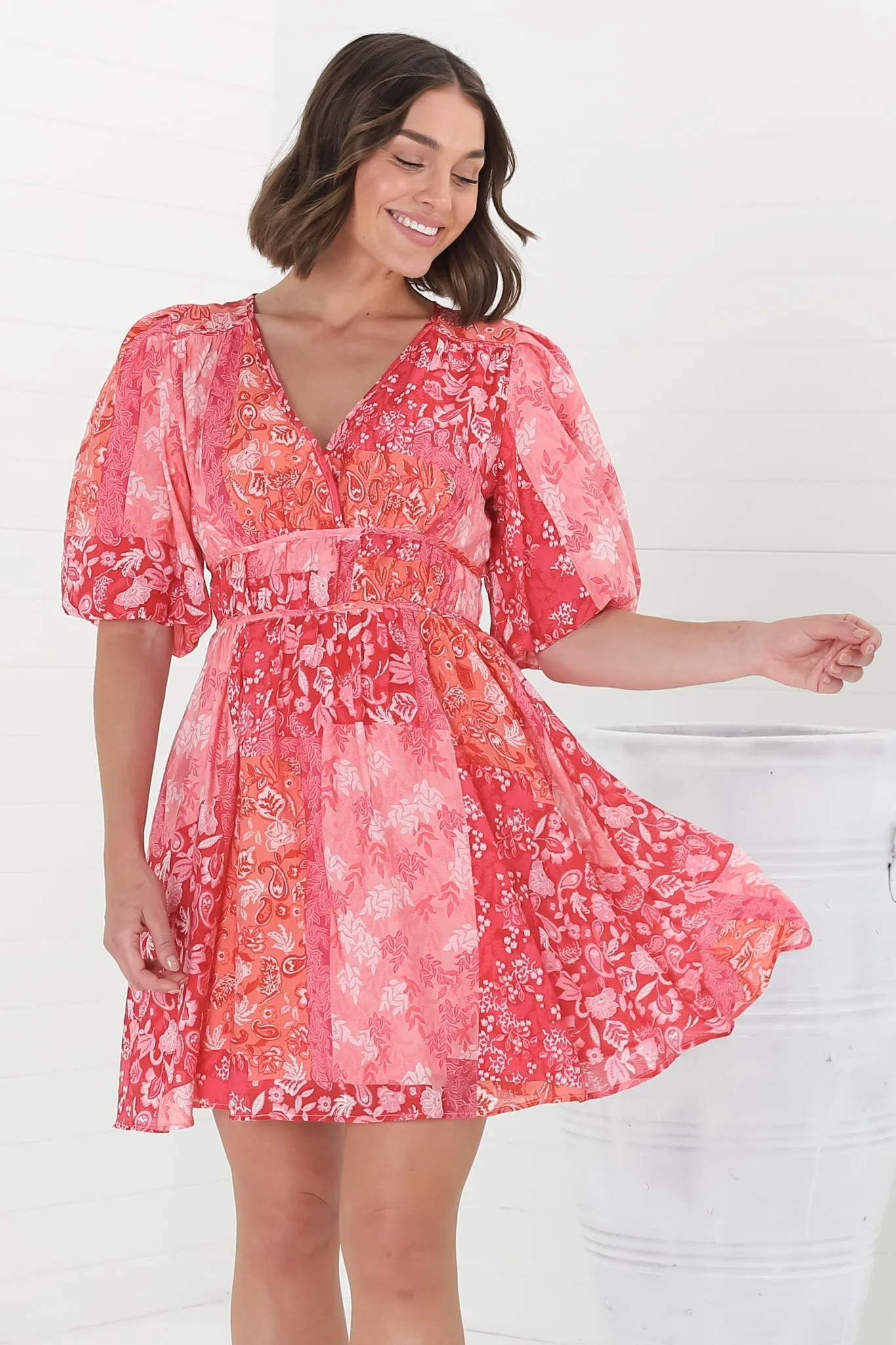 Ester Mini Dress - Cross Front Neckline Gathered Waist A Line Dress in Ita Print Pink sold by Salty Crush product image thumbnail 2