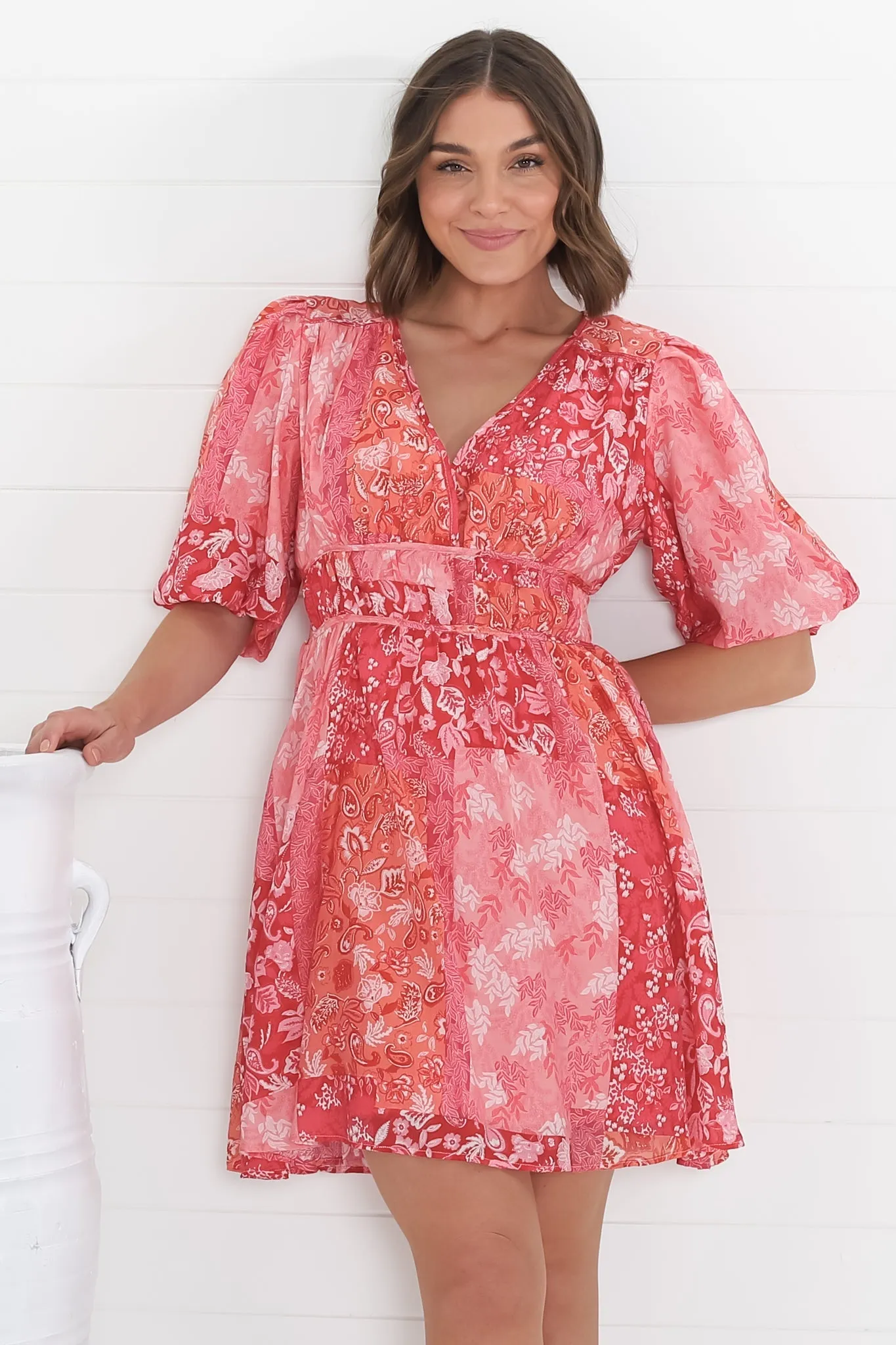 Ester Mini Dress - Cross Front Neckline Gathered Waist A Line Dress in Ita Print Pink sold by Salty Crush product image thumbnail 4