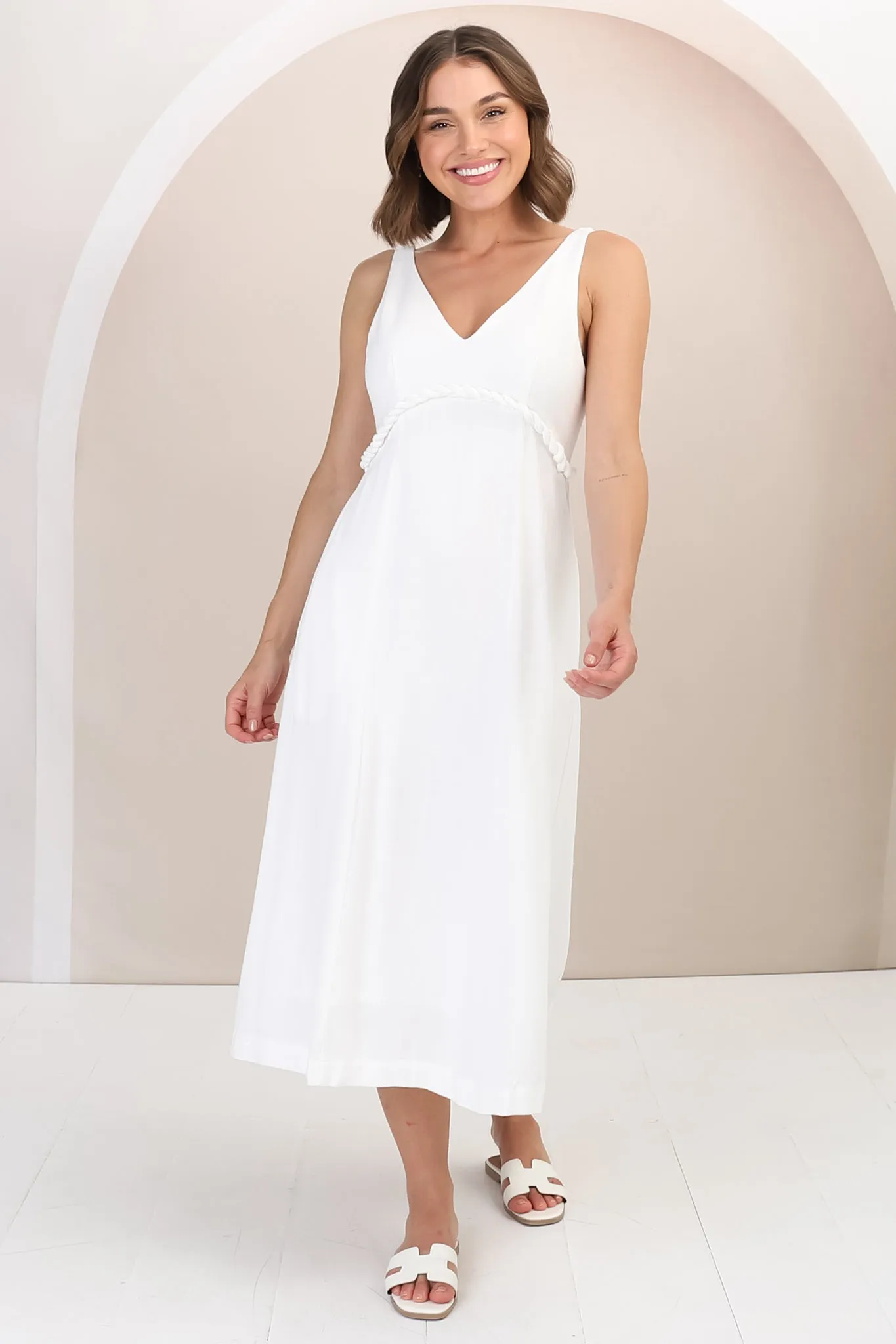 Seraphina Midi Dress - Linen Blend Sun Dress with Rope Detailed Underbust in White sold by Salty Crush product image thumbnail 2