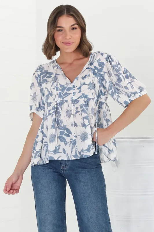 Lyric Blouse - V-Neck Smock Top with Short Balloon Sleeves in Lauri Print Blue sold by Salty Crush
