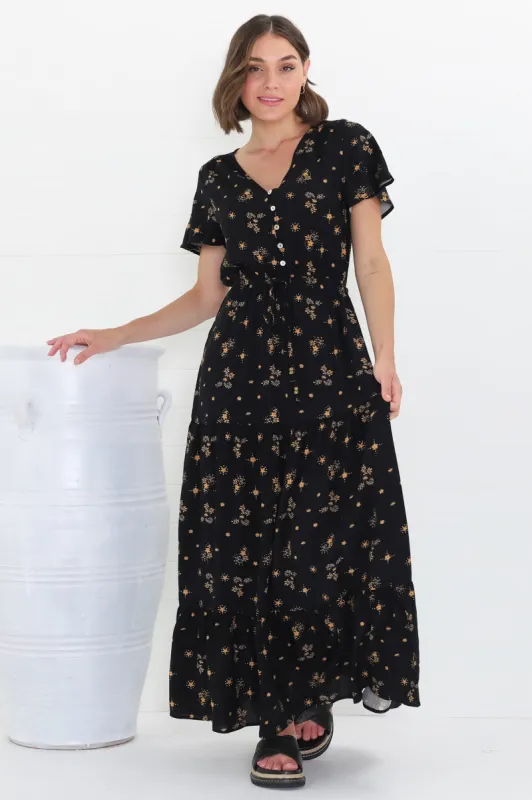 Hanna Maxi Dress - Cap Sleeve Tiered A Line Dress with Toggle Detailed Waist Tie in Melany Print Black sold by Salty Crush